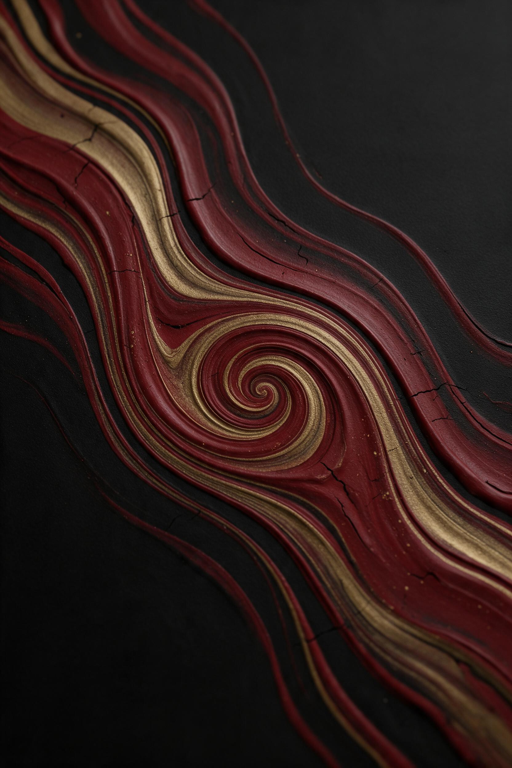 A minimalist abstract composition with flowing streams of deep crimson and muted gold paint, curving across a matte black canvas, soft diffusion lighting creating gentle gradient halos, subtle dried paint texture, shallow focus with a dramatic central swirl, occasional hairline cracks in the paint s