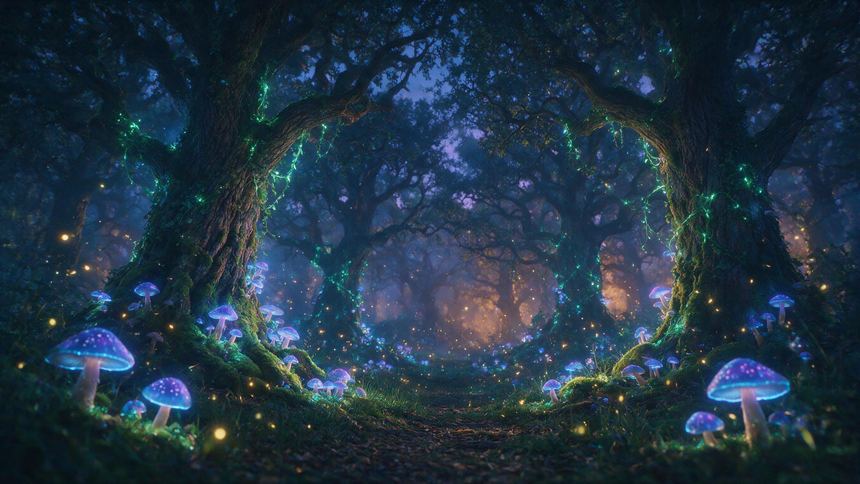 A magical forest at twilight, bioluminescent mushrooms and glowing vines wrap around ancient oak trees, soft blue and purple light dapples through mist, fireflies float like tiny lanterns, shallow depth of field, ethereal and dreamy, film grain, warm amber tones in the background.