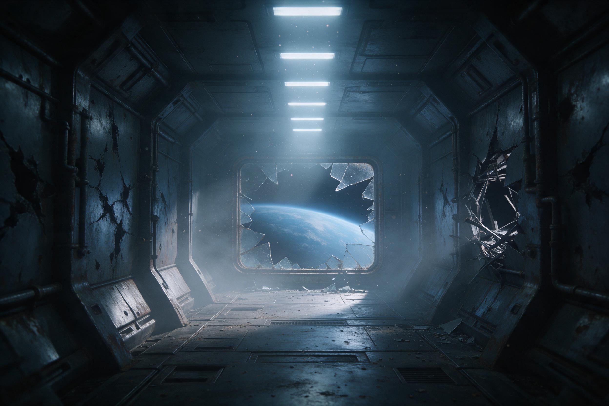 An abandoned space station corridor, pale emergency lights flickering, dust motes drifting in the cold beam, walls scarred with scorch marks and rust, a broken window revealing a distant blue planet, volumetric fog, cinematic wide shot