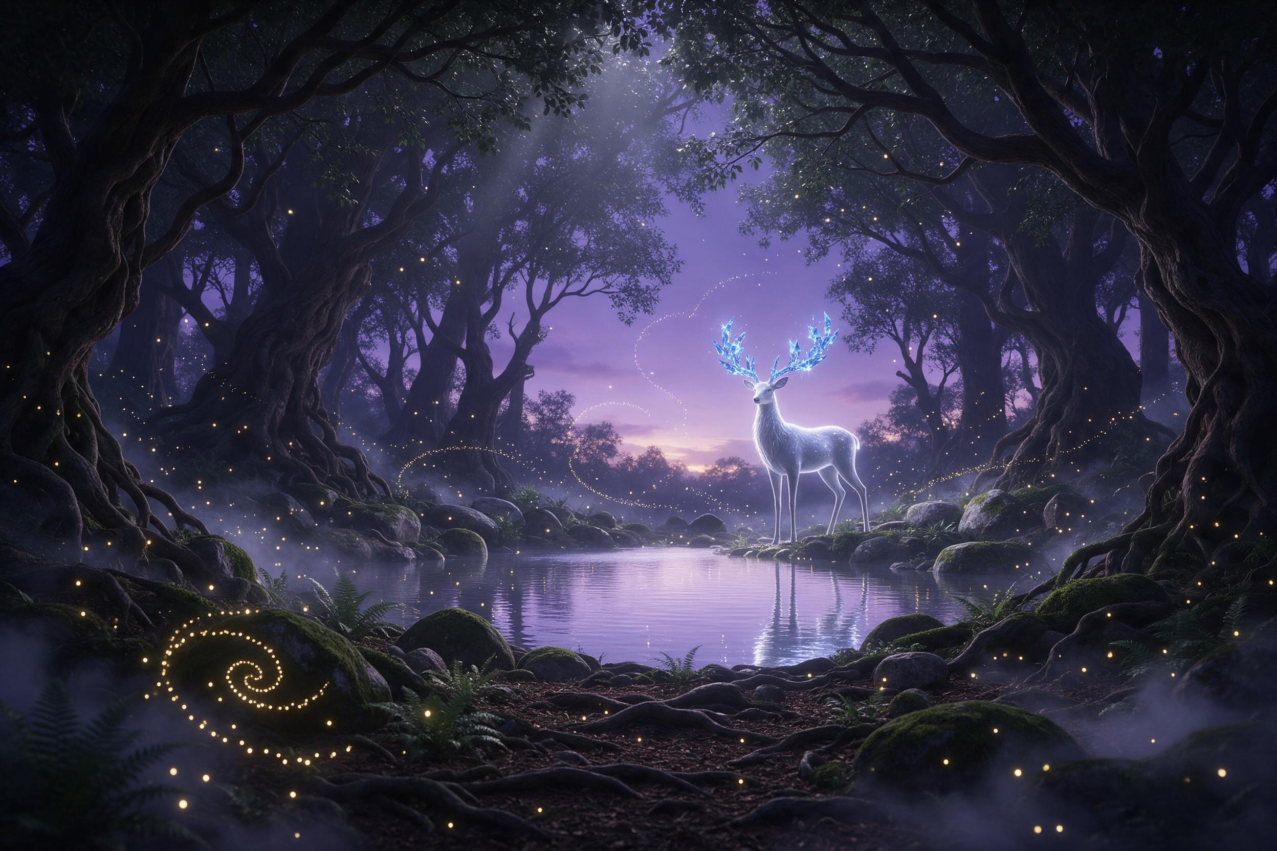 An ancient forest clearing bathed in violet twilight, a luminous giant stag with antlers of glowing blue crystals stands beside a silver pond, fireflies dance in spiral patterns, moss-covered stones, mist weaving through gnarled roots, soft volumetric light, dreamlike atmosphere, cinematic compositi