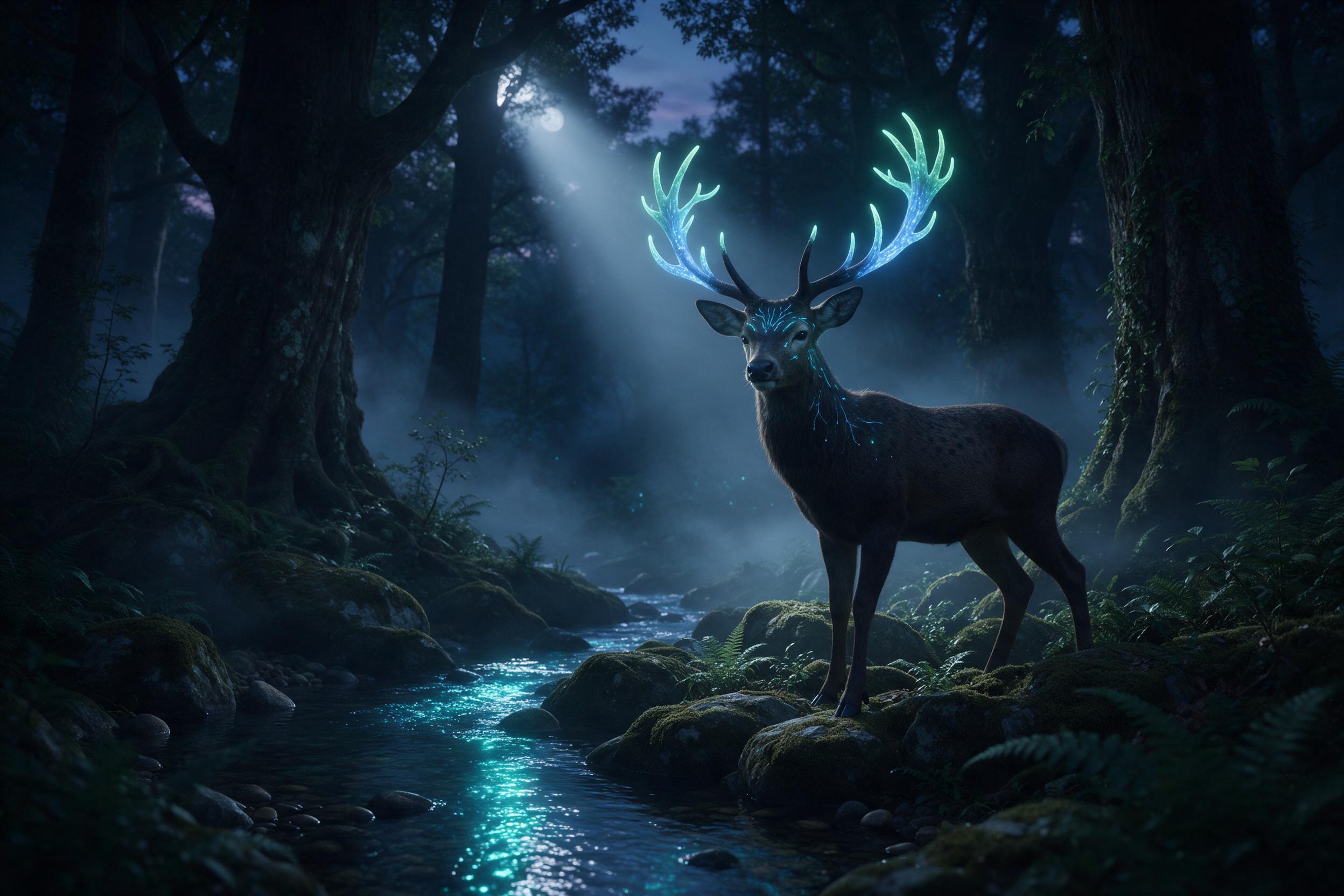 In a twilight forest, a luminous bioluminescent stag stands on mossy stones beside a crystal-clear stream, its antlers glowing with soft blue-green light. Mist weaves between ancient, towering trees, and a single beam of moonlight breaks through the canopy, illuminating the creature's gentle eyes an