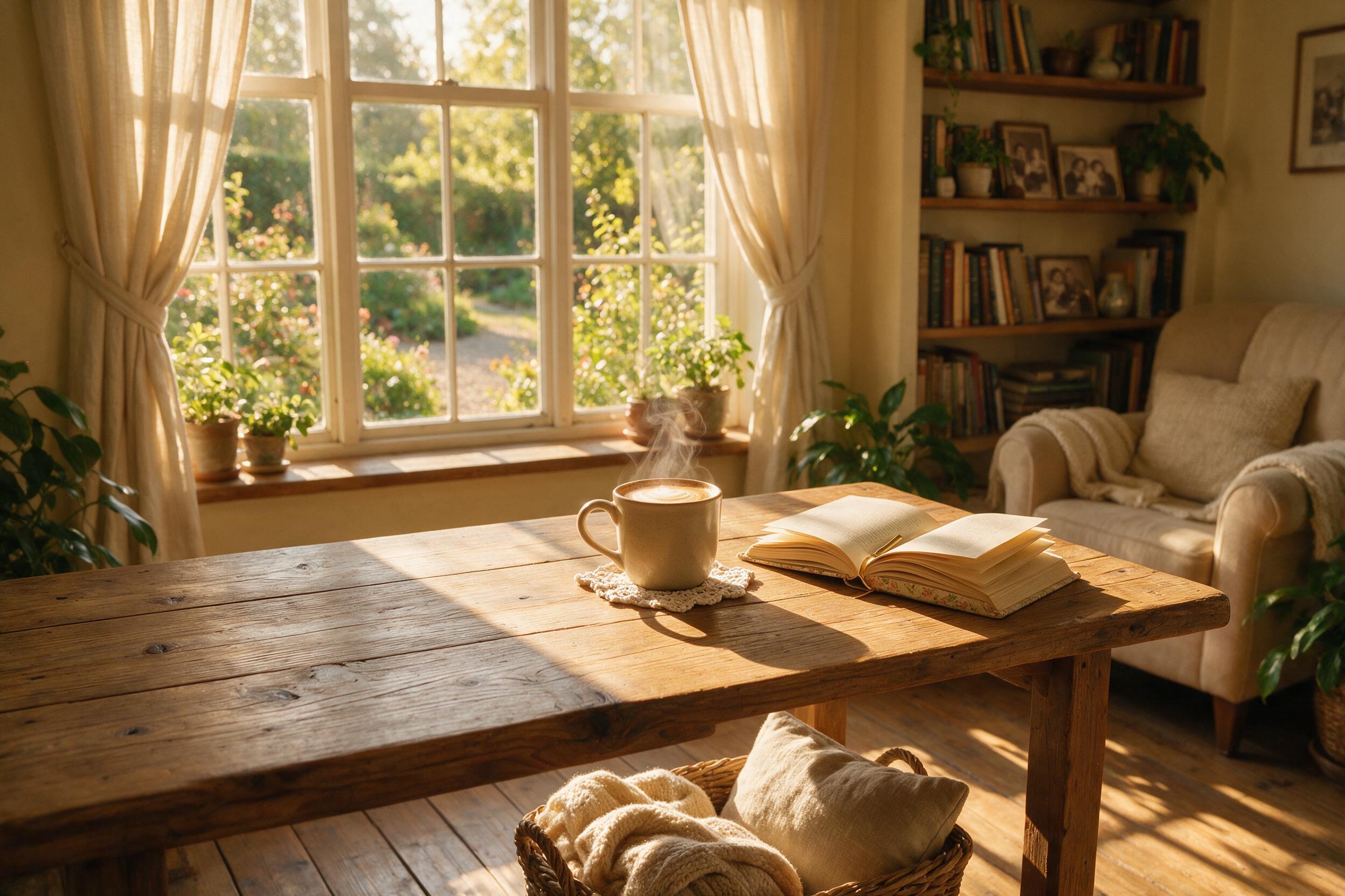 Cozy interior scene, warm afternoon sunlight streaming through a large window, casting long shadows on a wooden floor. A steaming cup of coffee sits on a rustic table beside a half-open book. Soft focus on the background, natural grain.