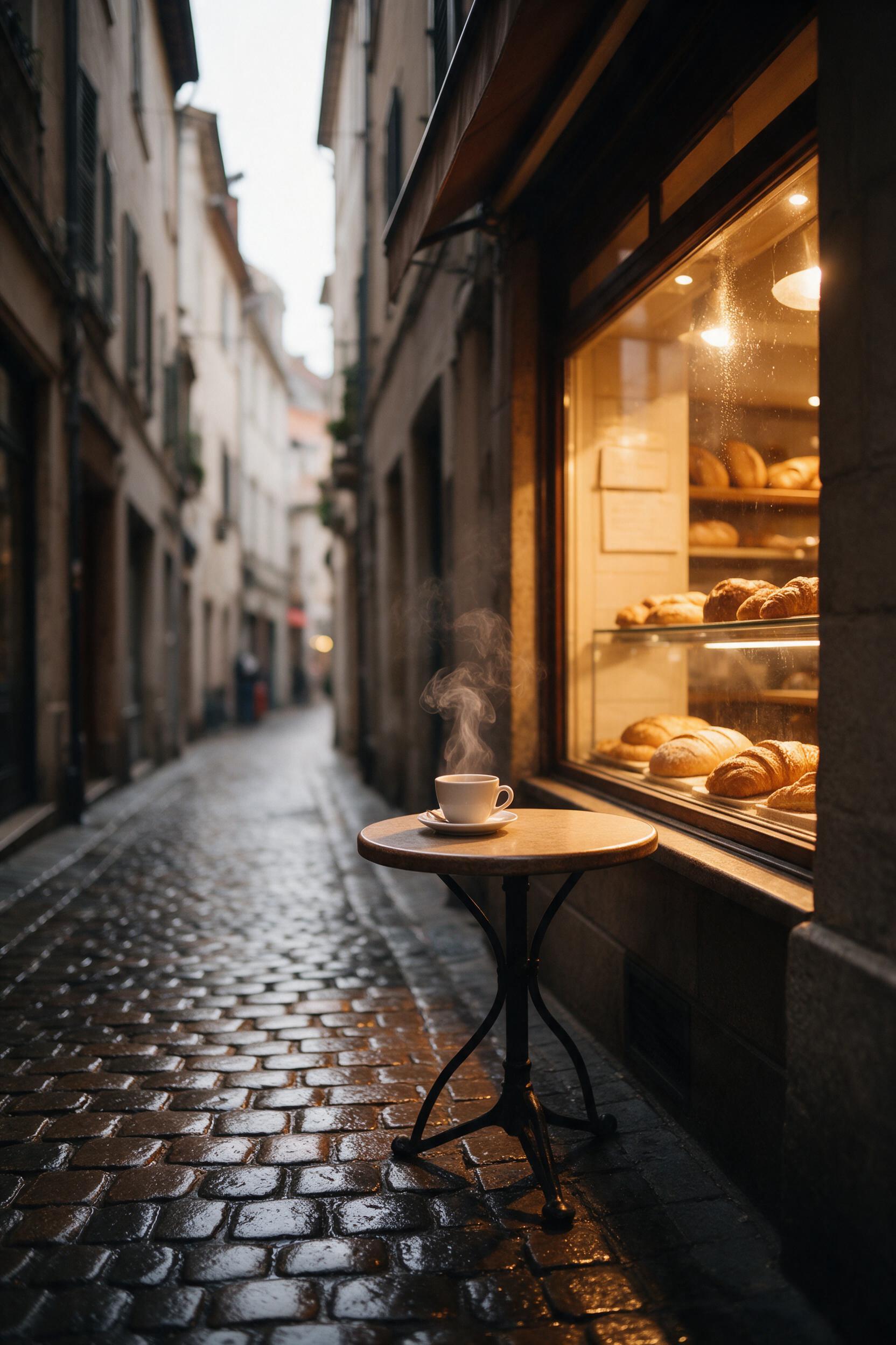 A quiet morning in a narrow European alley, cobblestones wet from recent rain, warm golden light spilling from a bakery window onto the street, steam curling from a coffee cup on a small outdoor table, soft focus in the background, slight camera shake suggesting handheld shot, natural overcast sky a