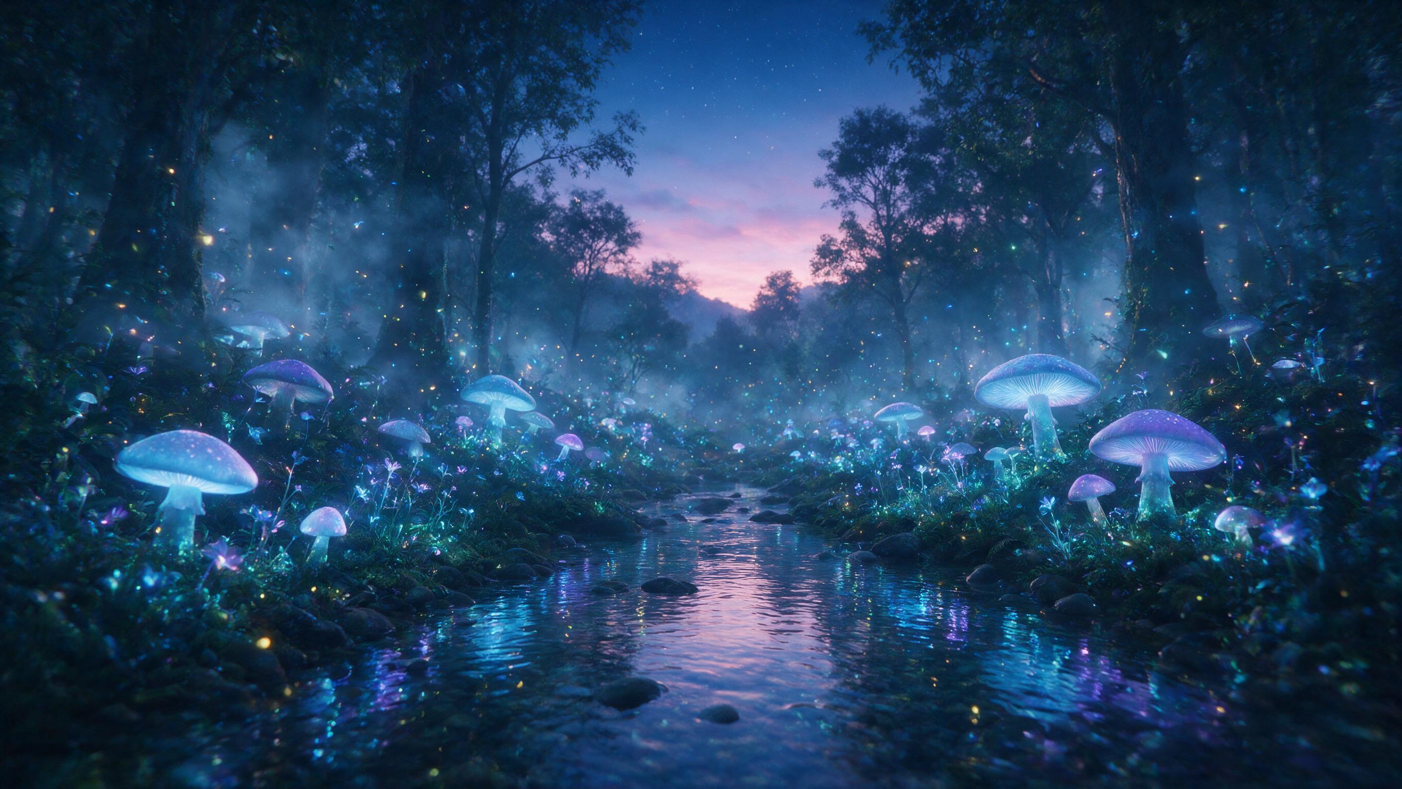 A glowing, bioluminescent forest at twilight, with giant mushrooms emitting soft blue and purple light, delicate fireflies floating in the air, a clear stream reflecting the luminous flora, mist weaving through ancient trees, magical atmosphere, slight camera shake, ethereal lighting