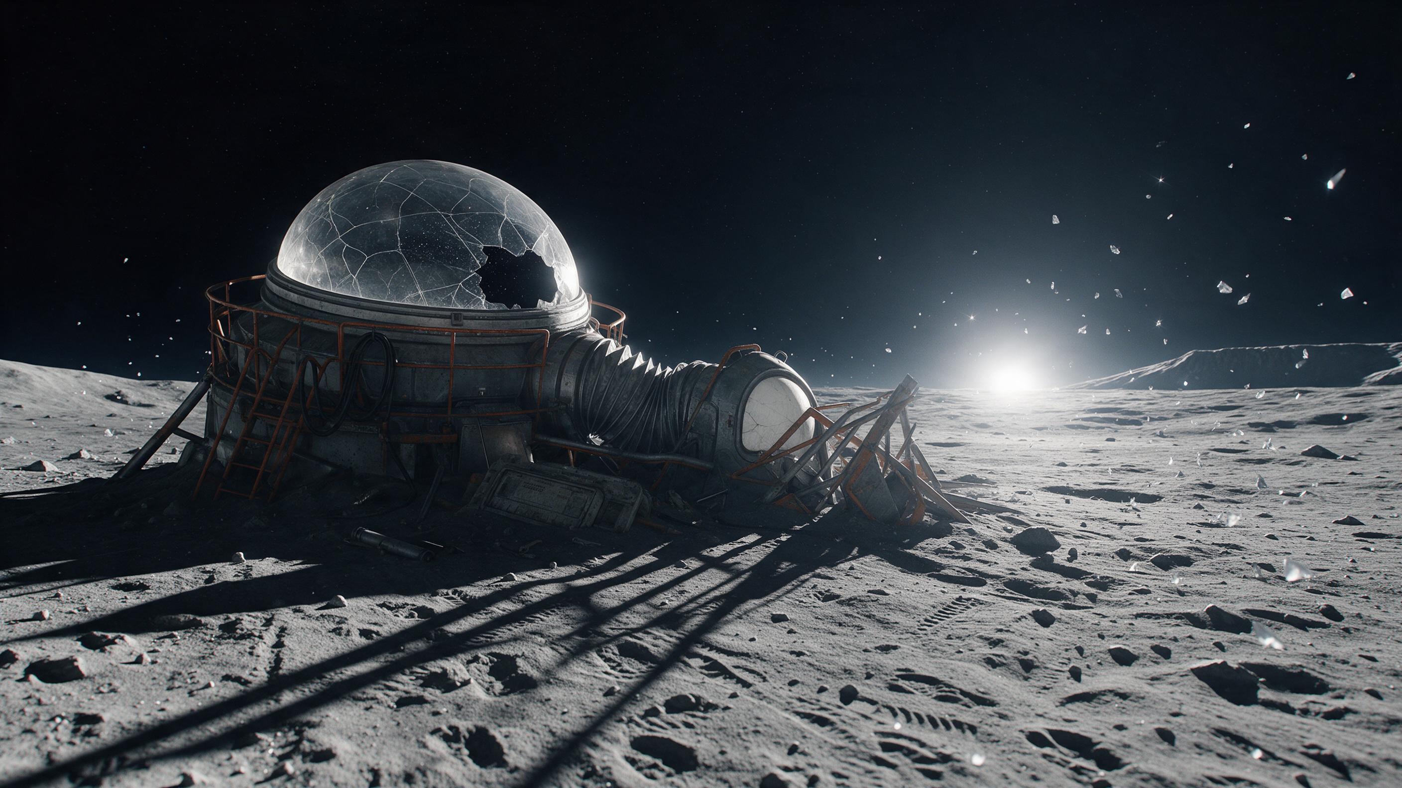 An abandoned lunar maintenance station, harsh sunlight casting long jagged shadows across dusty regolith, a cracked dome revealing a star field, small drifting ice crystals catching light, worn metal surfaces with faded orange paint, wide-angle composition emphasizing vast emptiness, slight atmosphe