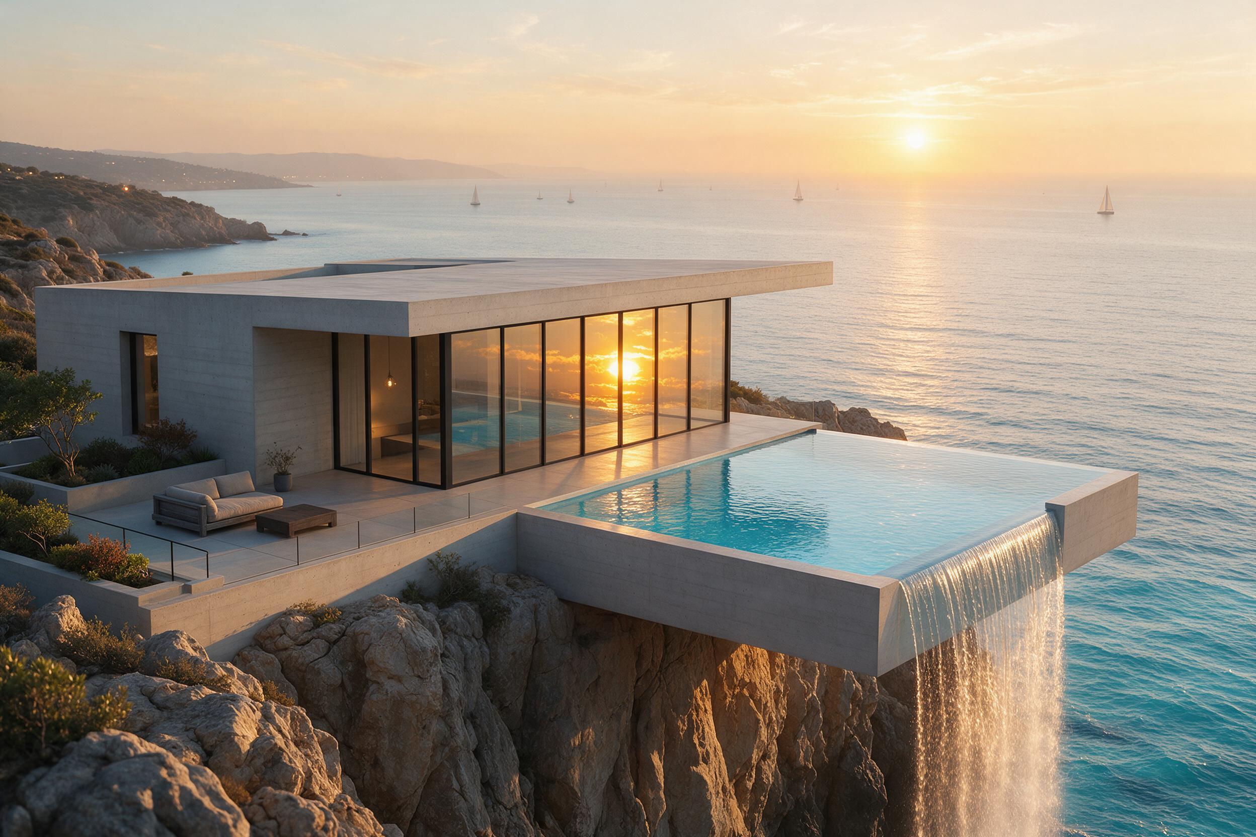 A minimalist concrete villa perched on a rugged coastal cliff, floor-to-ceiling glass walls reflecting the golden hour sunset, angular cantilevered pools spilling over the edge, distant sailboats on calm turquoise water, soft warm light casting long shadows on textured stone, slight haze over the ho