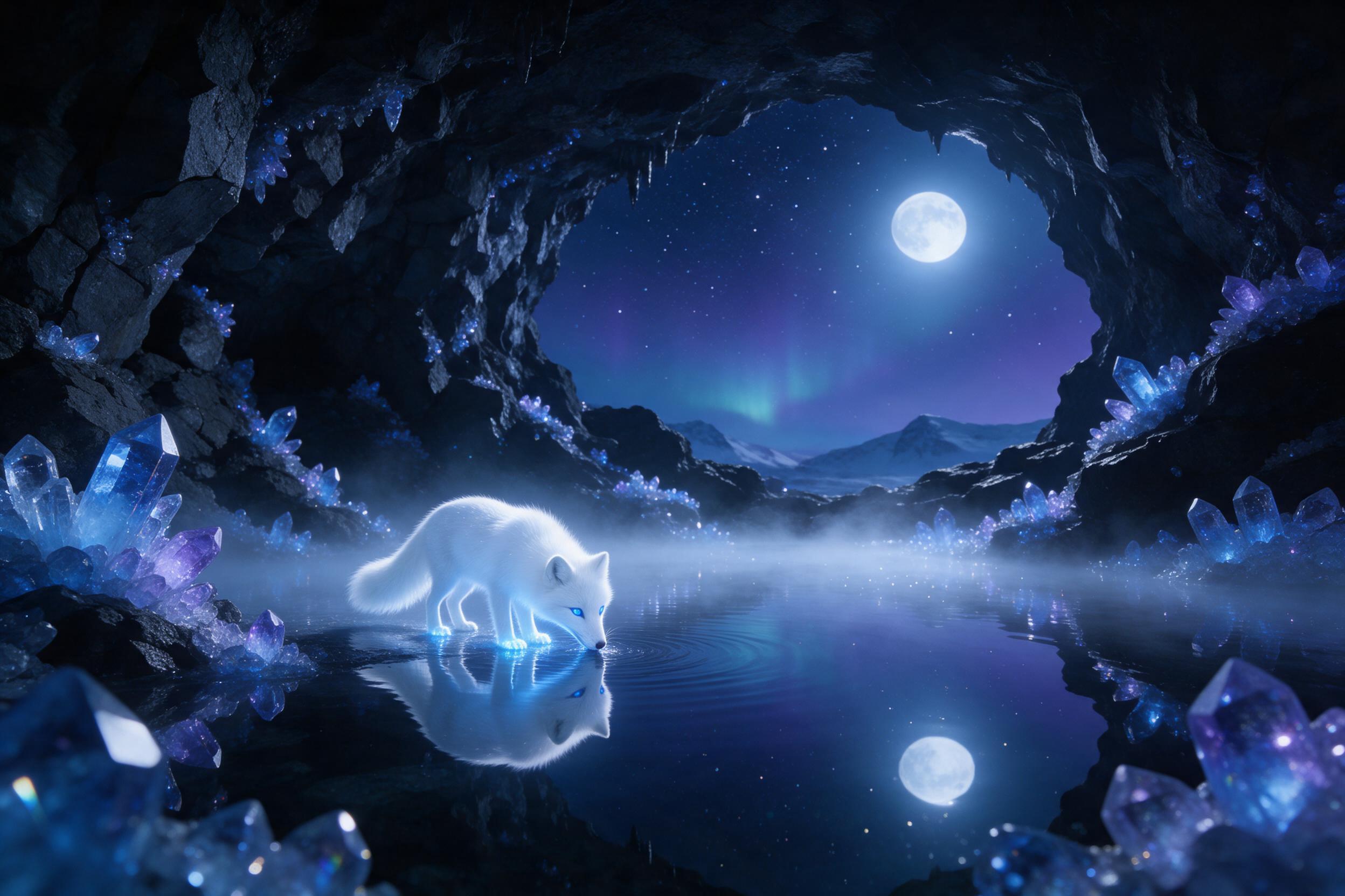 A moonlit crystal cavern beneath a starry sky, glowing blue and purple crystals reflecting softly on a still underground lake, with a lone glowing white fox drinking from the water, gentle mist, cold ethereal lighting, serene magical atmosphere