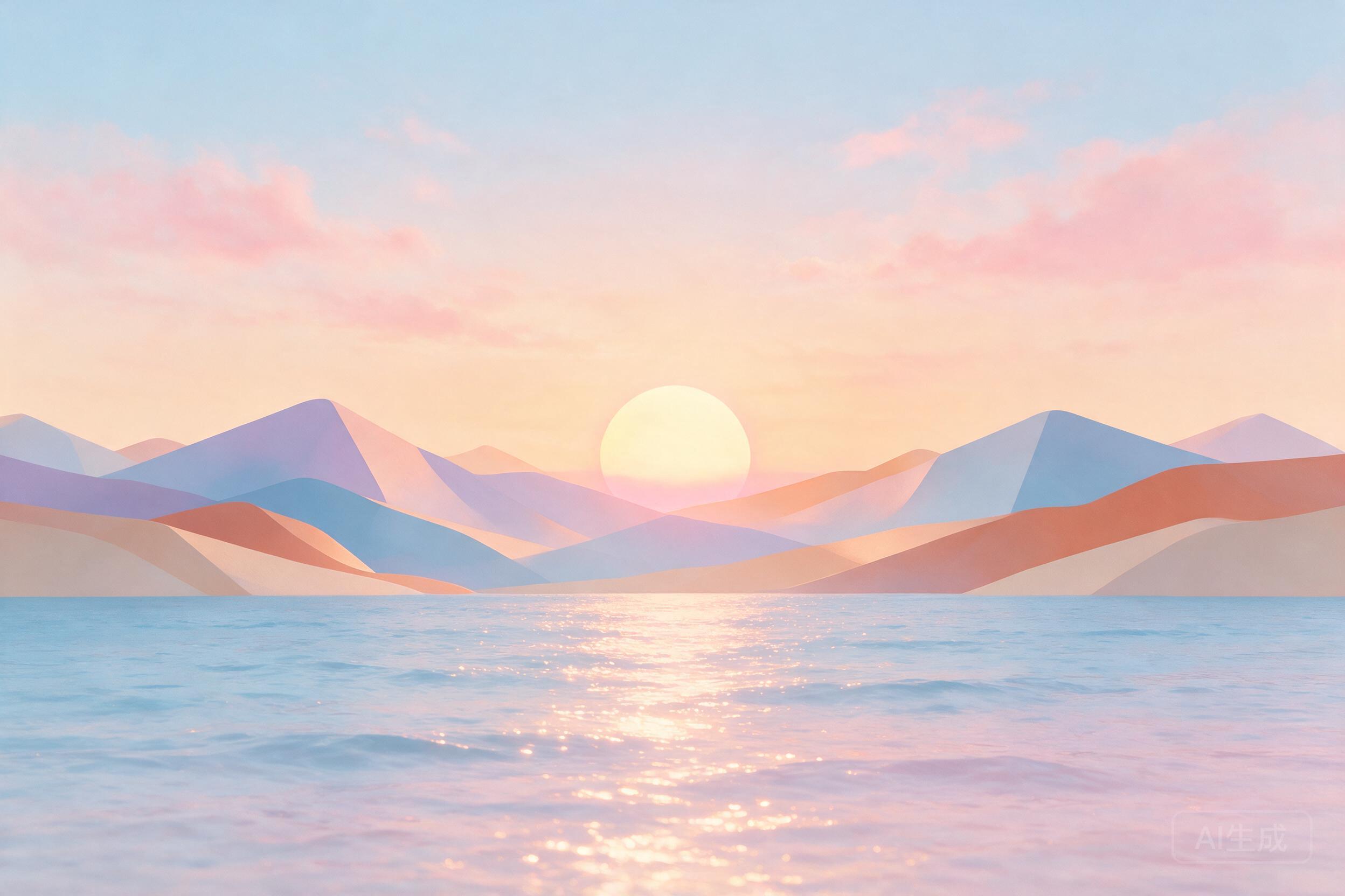 Minimalist geometric landscape in pastel tones, soft gradients, abstract mountains meeting calm ocean at sunset
