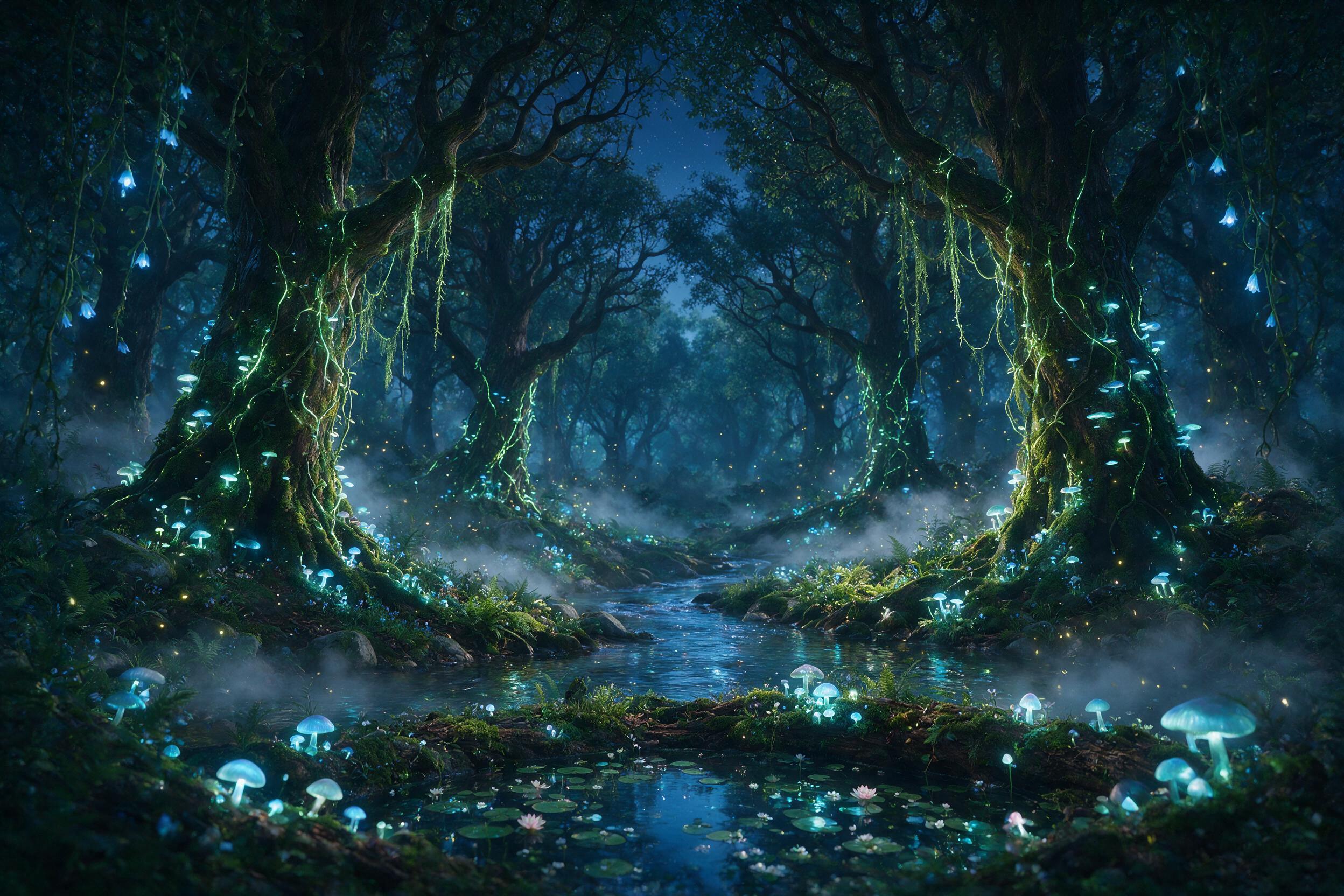 A mystical forest at twilight, bioluminescent mushrooms and glowing vines hanging from ancient trees, a gentle stream reflecting the soft blue light, fog swirling at ground level, depth of field with a glimmering pond in the foreground, soft focus on the distant canopy, ethereal atmosphere