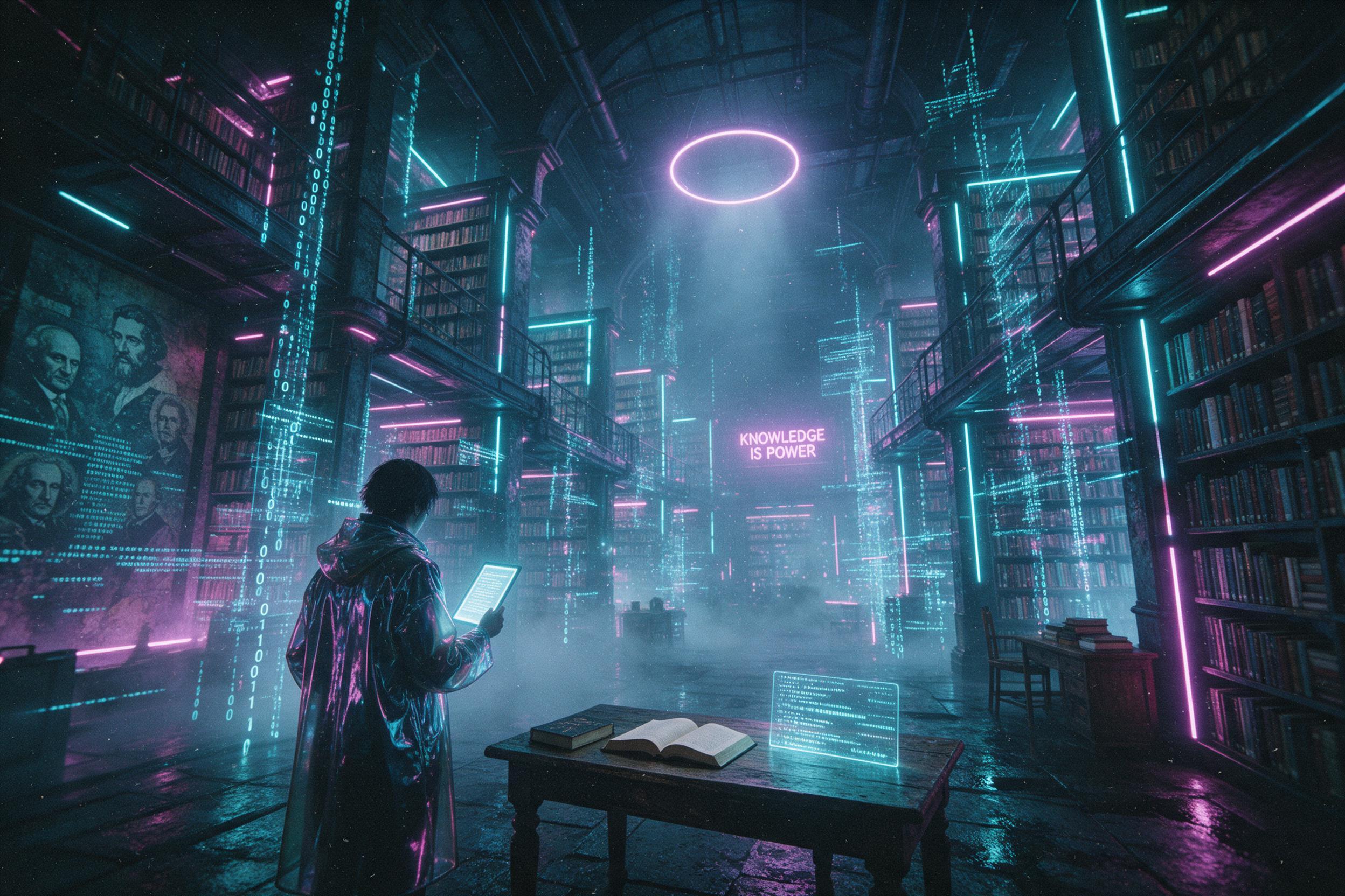 A vast underground cyberpunk library, holographic data streams flowing between towering bookshelves lit by neon cyan and magenta, a lone figure in a reflective raincoat reading a glowing digital book, misty air, cinematic wide-angle shot, soft volumetric lighting, subtle grain.