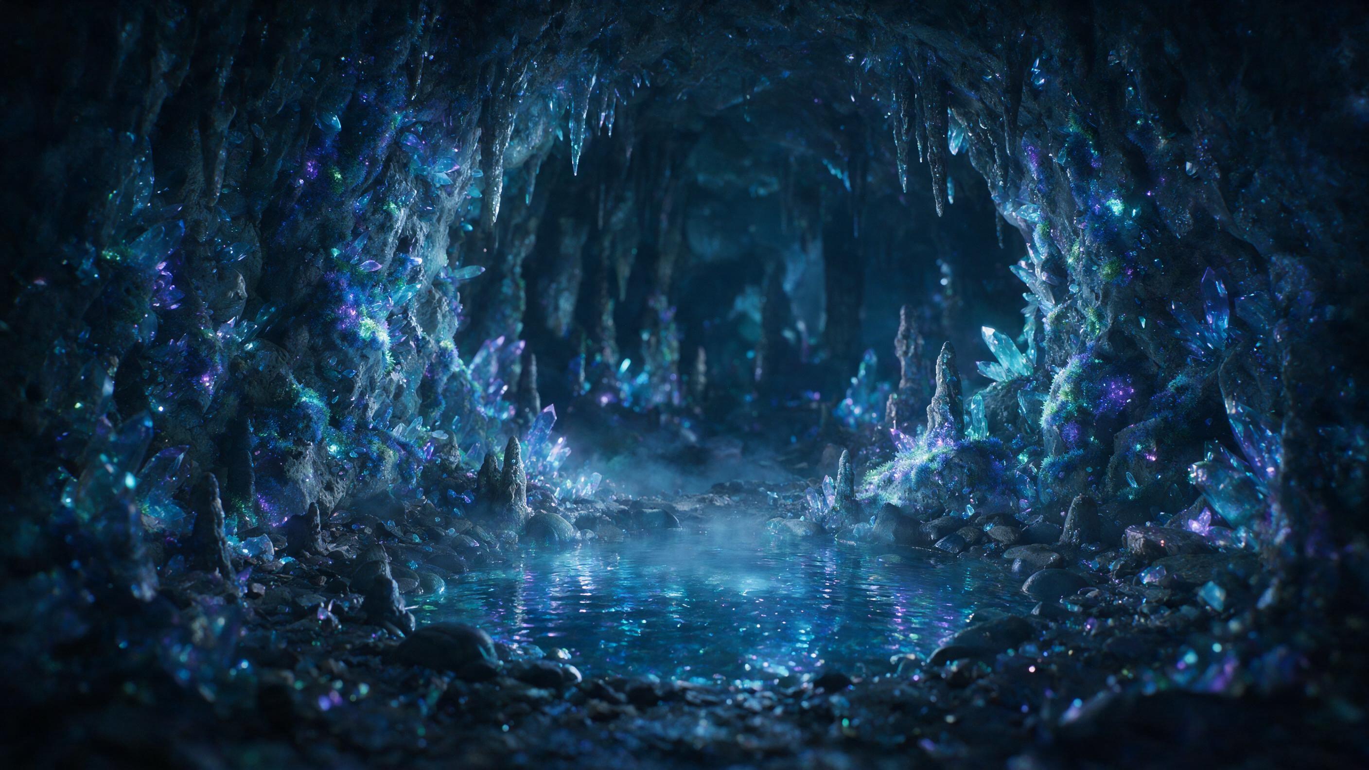 A glowing crystal cave deep underground, bioluminescent moss clinging to jagged walls, a small pool of shimmering water reflecting soft blue and purple light, faint mist rising, natural cavern textures, shallow depth of field, cinematic lighting, ethereal and quiet atmosphere.