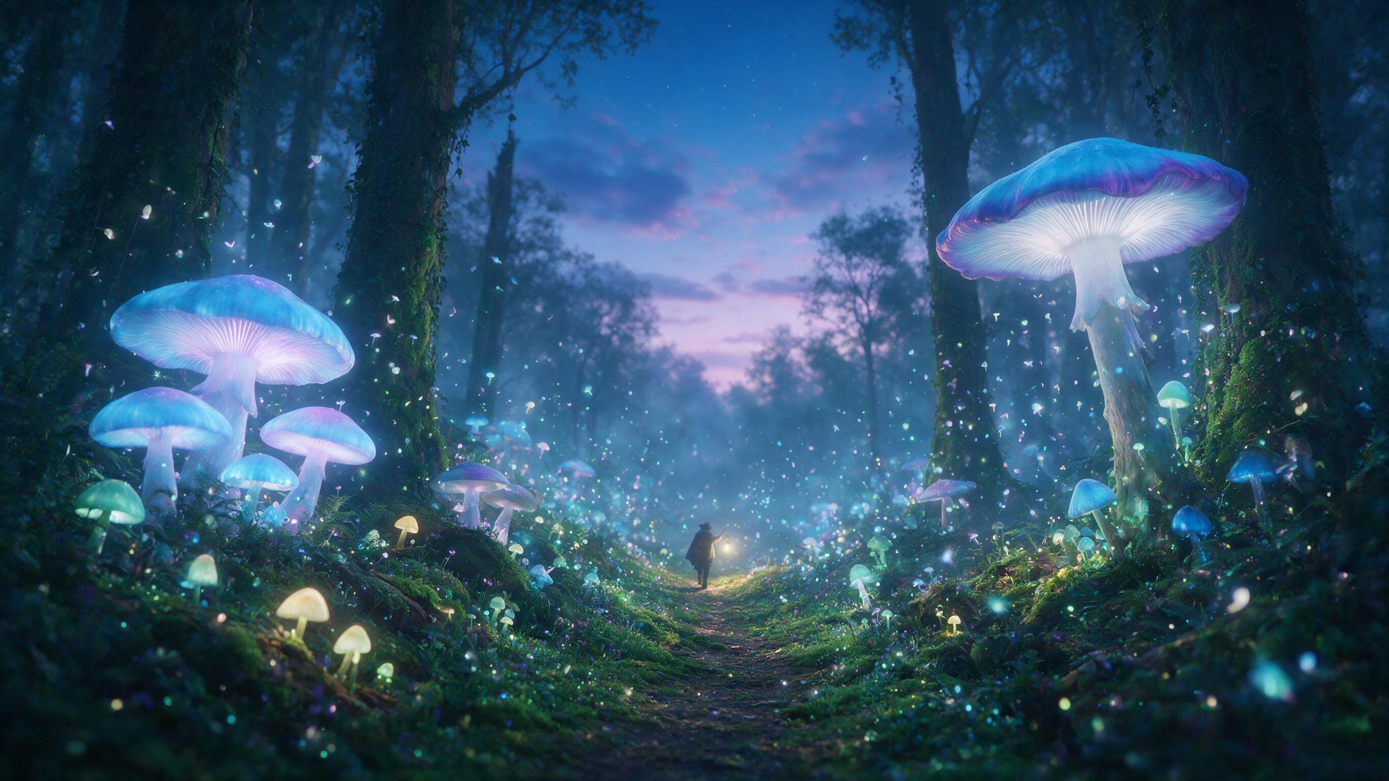 A bioluminescent forest at twilight, giant glowing mushrooms and floating spores illuminating a winding path, a small cloaked figure with a lantern walking away, misty air, soft blue and purple tones, depth of field with blurred background, cinematic composition