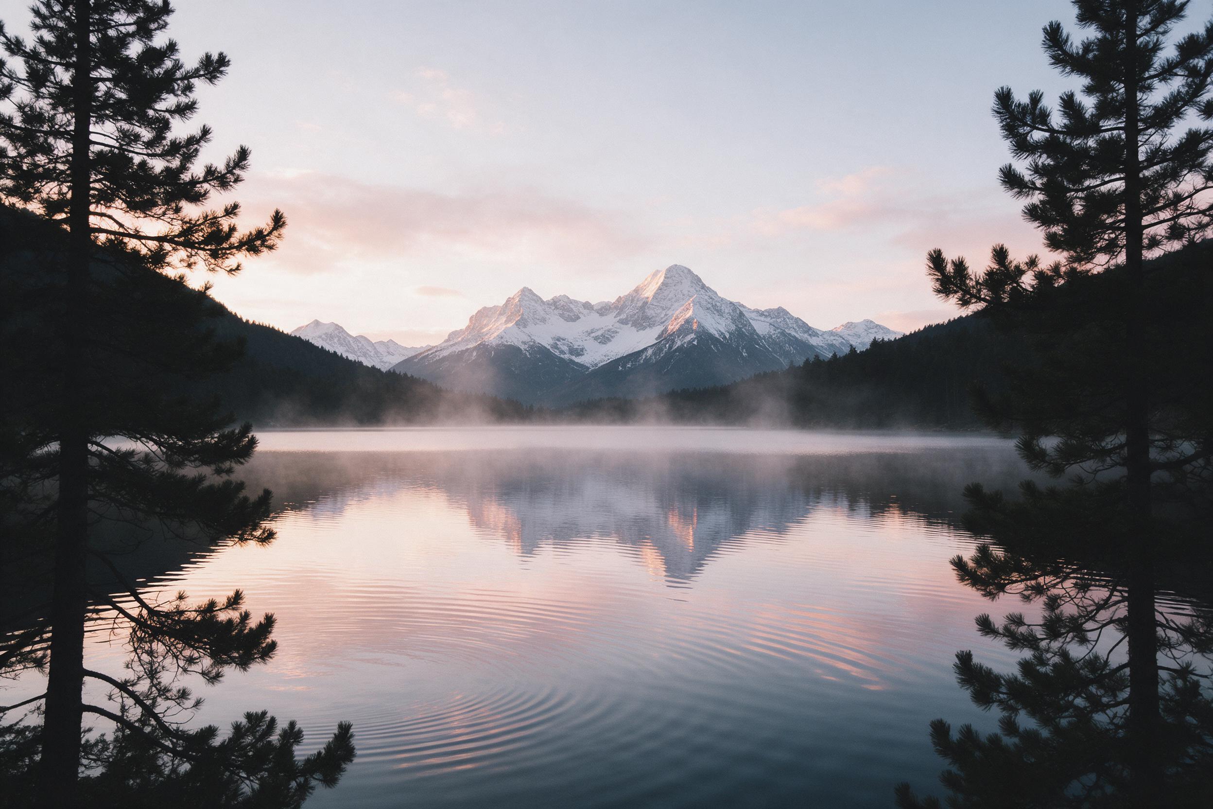A serene alpine lake at dawn, mirroring snow-capped peaks, soft pink and gold hues, mist rising, pine silhouettes framing edges, gentle ripples on water, minimalistic composition, natural lighting