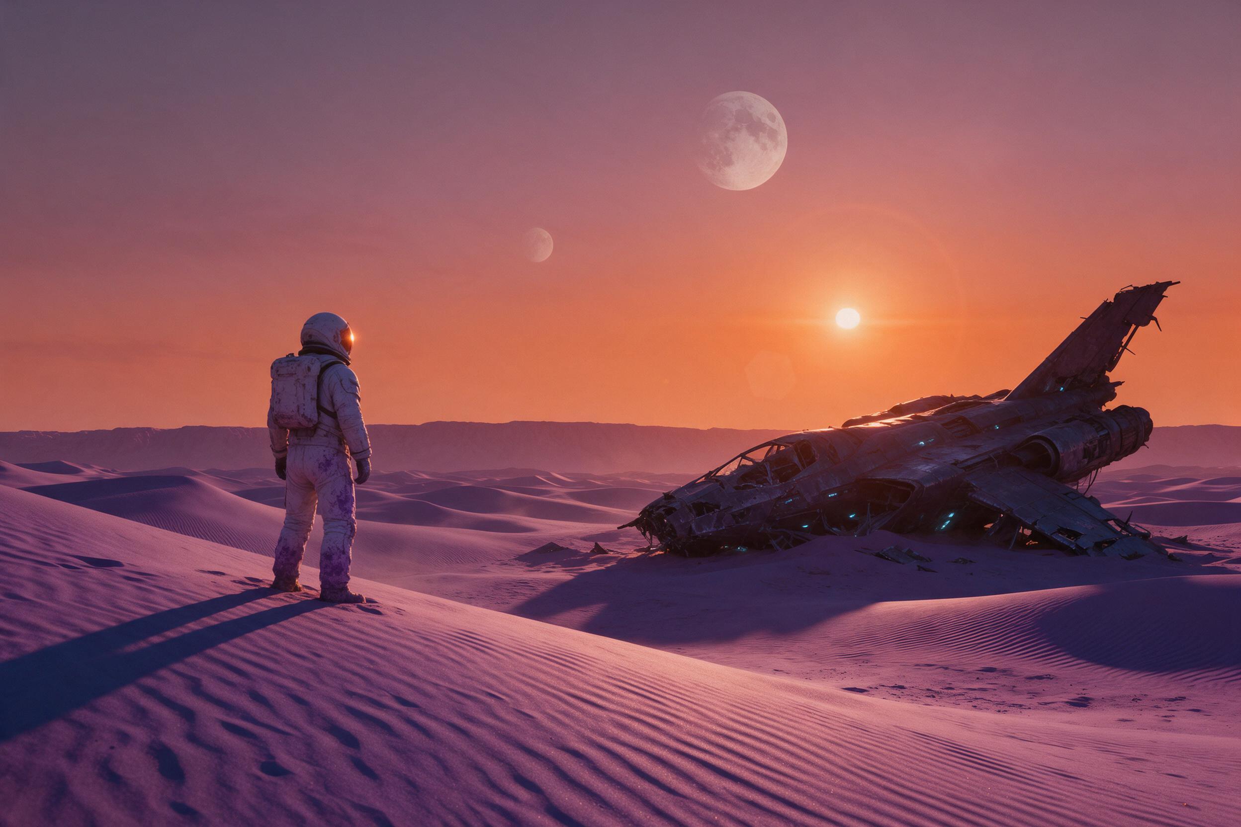 A lone astronaut in a weathered white suit stands on a windswept alien dune under two pale moons. Behind them, a derelict starship half-buried in purple sand glows with faint cyan emergency lights. Harsh orange sunlight rakes across the scene, casting long shadows. Slight lens flare, atmospheric haz
