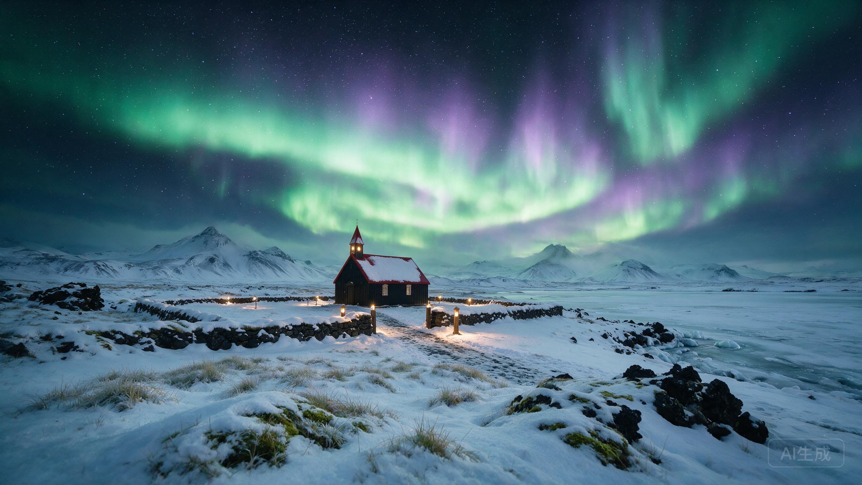 Northern lights over a Icelandic landscape with small church, green and purple aurora, snow-covered ground, starry sky
