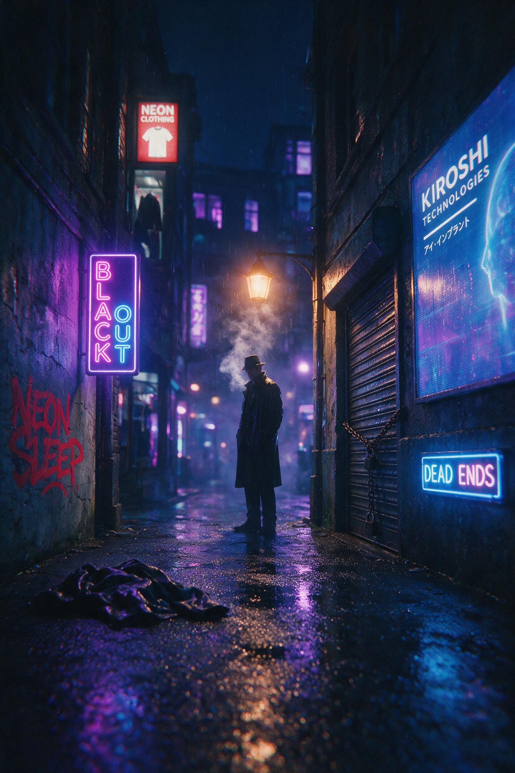 An abandoned neon-lit cyberpunk alleyway at midnight, rain-slicked asphalt reflecting purple and blue holographic billboards, a lone figure in a trench coat stands under a flickering street lamp, contrails of mist, shallow depth of field, cinematic lighting, slight chromatic aberration, film grain t