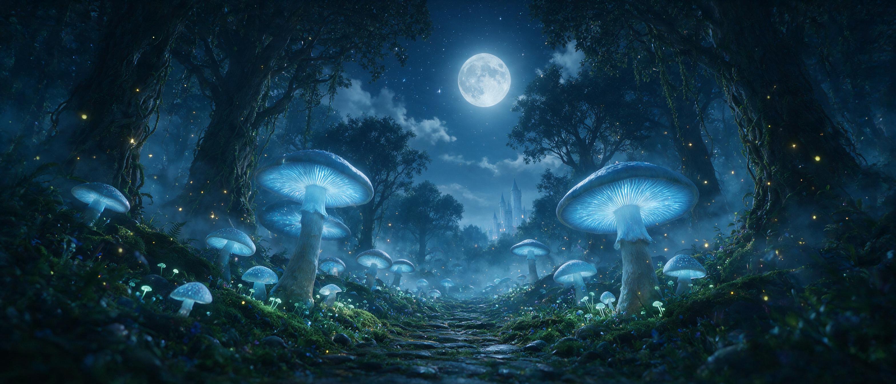 A moonlit enchanted forest with giant glowing mushrooms casting soft blue light on a winding mossy path, fireflies drifting like tiny lanterns, silhouetted ancient trees, mist swirling low, a distant castle tower barely visible, ethereal atmosphere, cinematic composition with a low camera angle.