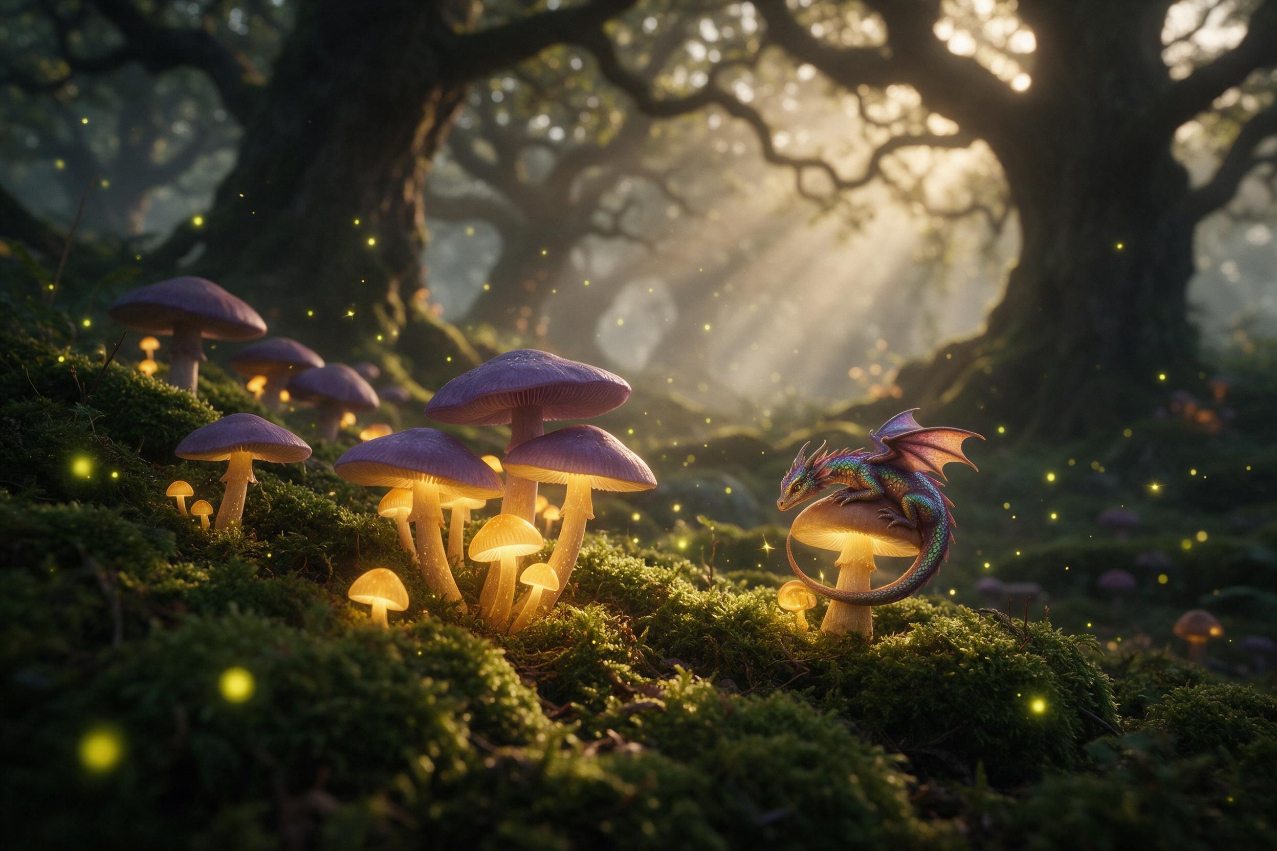 In an enchanted forest, golden mushrooms glow softly under violet canopies, a tiny dragon with iridescent scales curls around a toadstool, fireflies drift through misty air, warm light rays angle between ancient oaks, shallow depth of field, foreground moss in sharp focus
