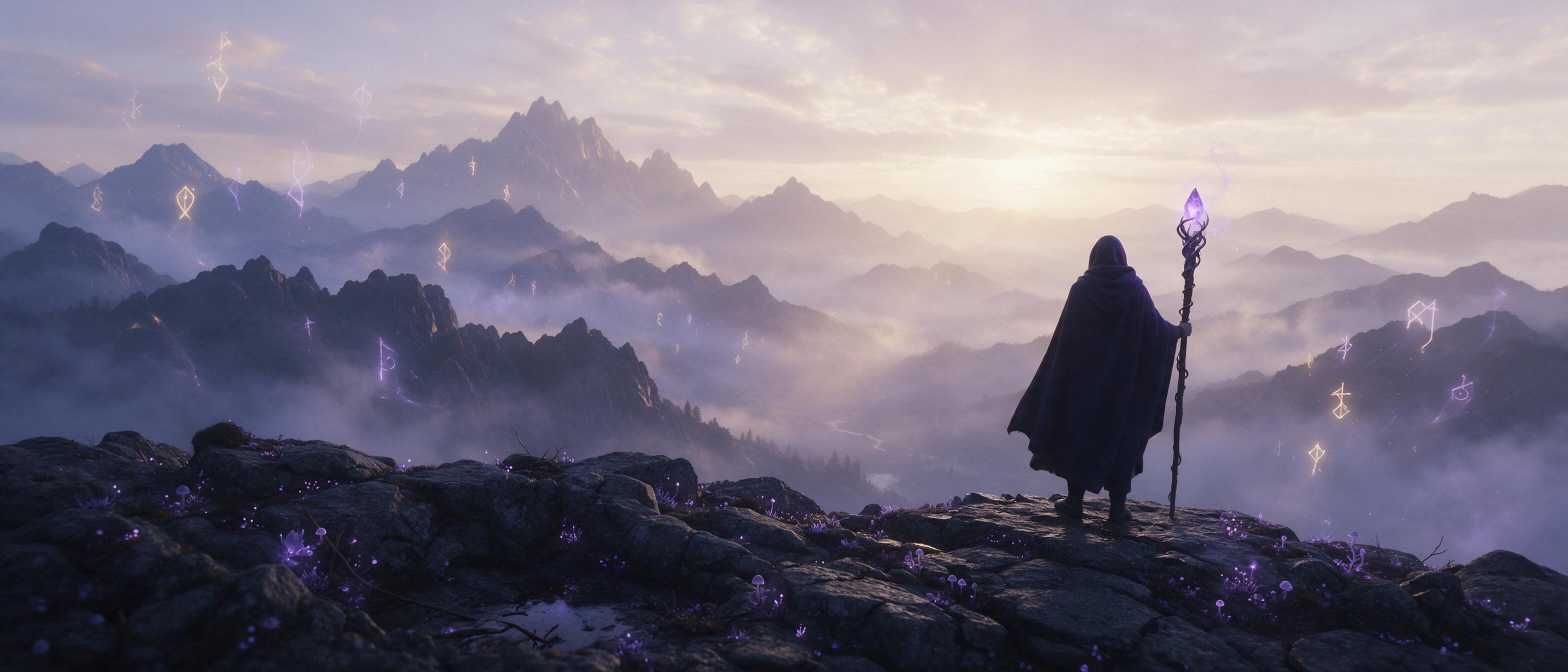 A misty mountain valley at dawn, a lone cloaked figure with a glowing staff stands on a cliff, magical runes floating in the air, soft violet and gold light, ethereal fog, tiny bioluminescent flora on the rocks, cinematic wide shot, tranquil atmosphere.