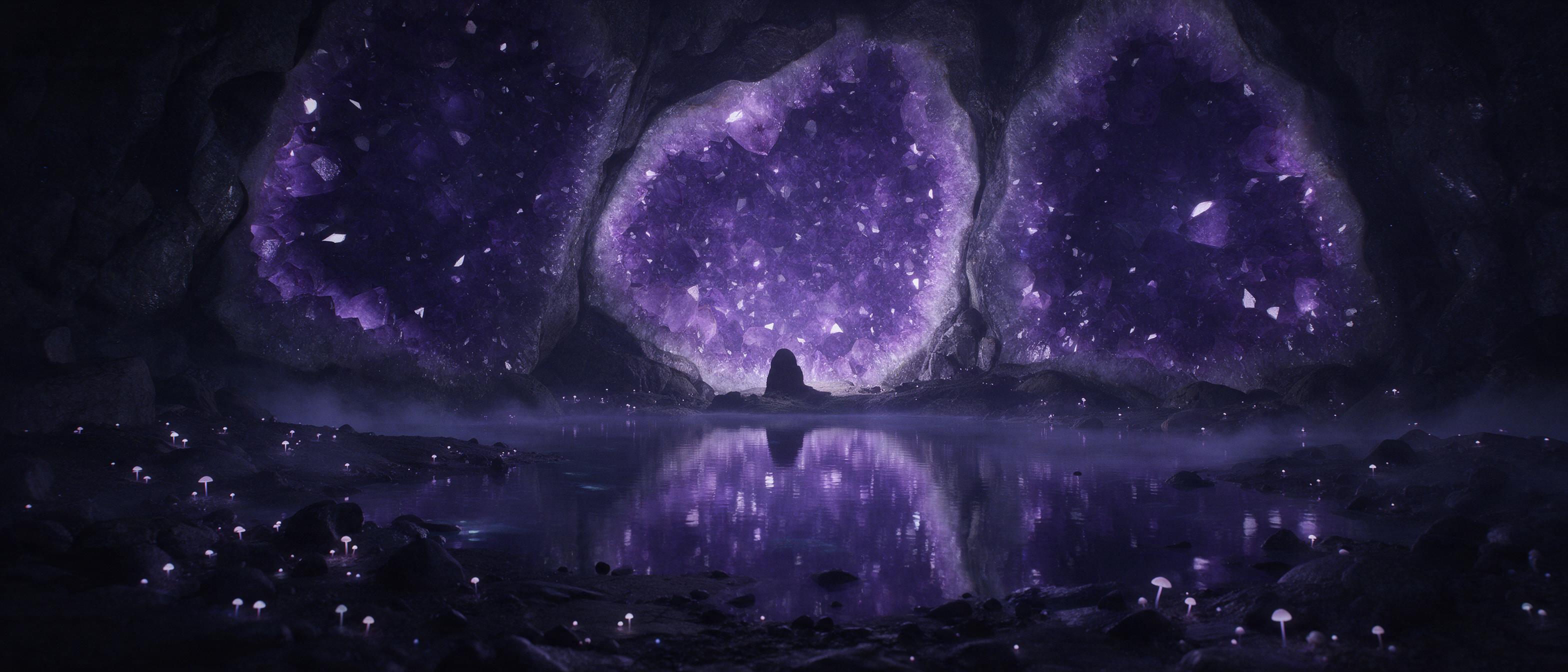 A moonlit crystal cavern, glowing amethyst geode walls reflecting soft violet light, a silent underground lake with mirror-calm surface, faint mist curling, tiny bioluminescent mushrooms dotting the rocky floor, etheral atmosphere, cinematic wide shot, balanced composition with central silhouette of