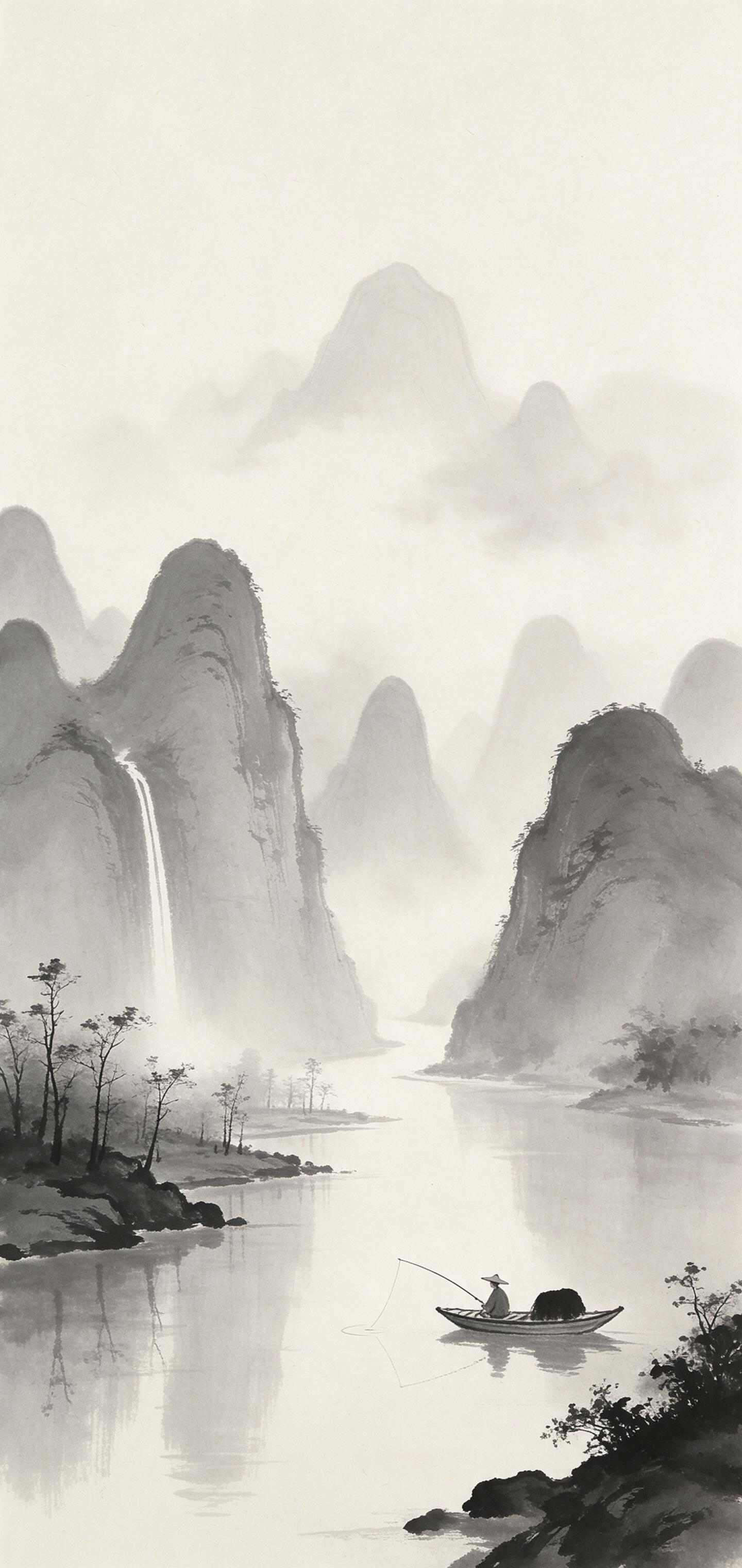 Chinese ink wash painting of misty karst mountains, lone fisherman in a small boat on a calm river, minimalist brushstrokes, soft grey and black tones, rice paper texture, negative space for clouds, subtle water reflections, vertical composition