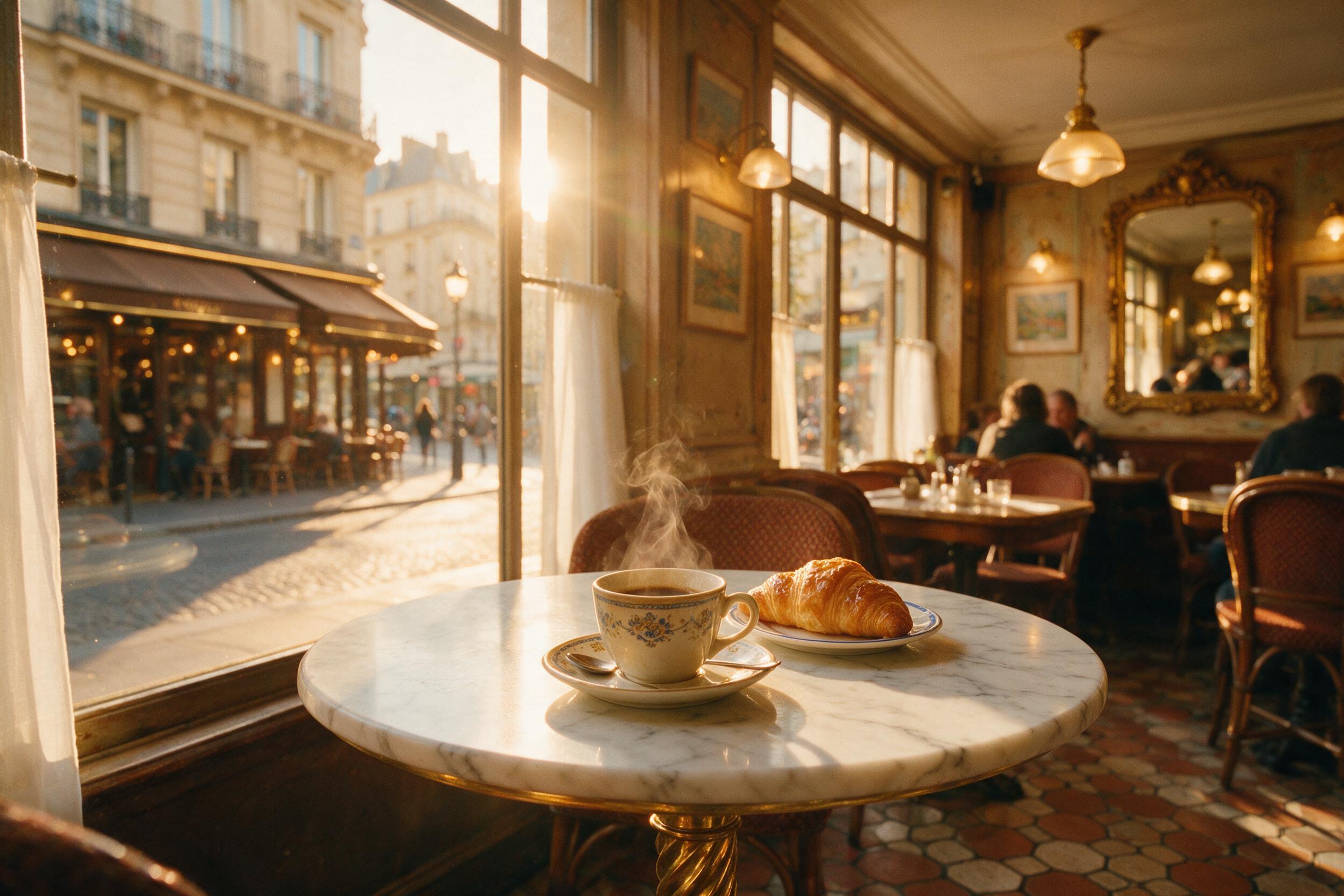 A cozy Parisian café interior at golden hour, warm amber light streaming through large windows, steam rising from a ceramic espresso cup on a marble table, a croissant on a small plate, soft focus background with blurred patrons, film grain, slight lens flare, natural lighting, 35mm photography styl
