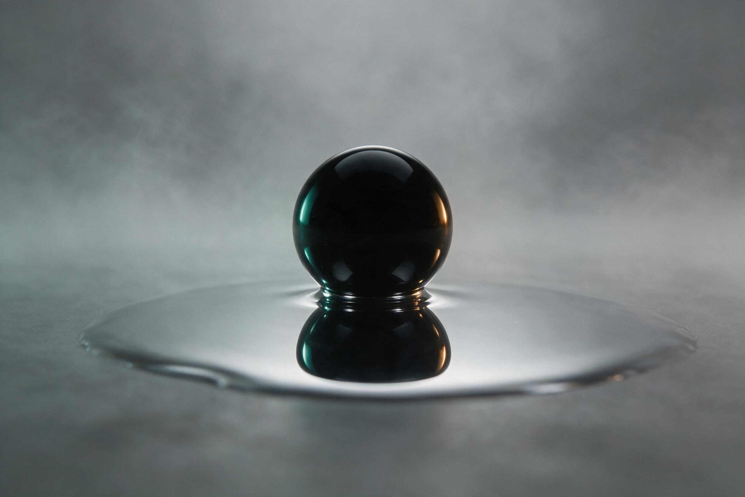 A minimalist abstract scene of a single smooth obsidian sphere resting on a mirror-like puddle of liquid mercury, surrounded by soft fog. Subtle teal and amber rim lighting from opposite sides, creating a delicate reflection. Composition with generous negative space, shallow depth of field, muted co