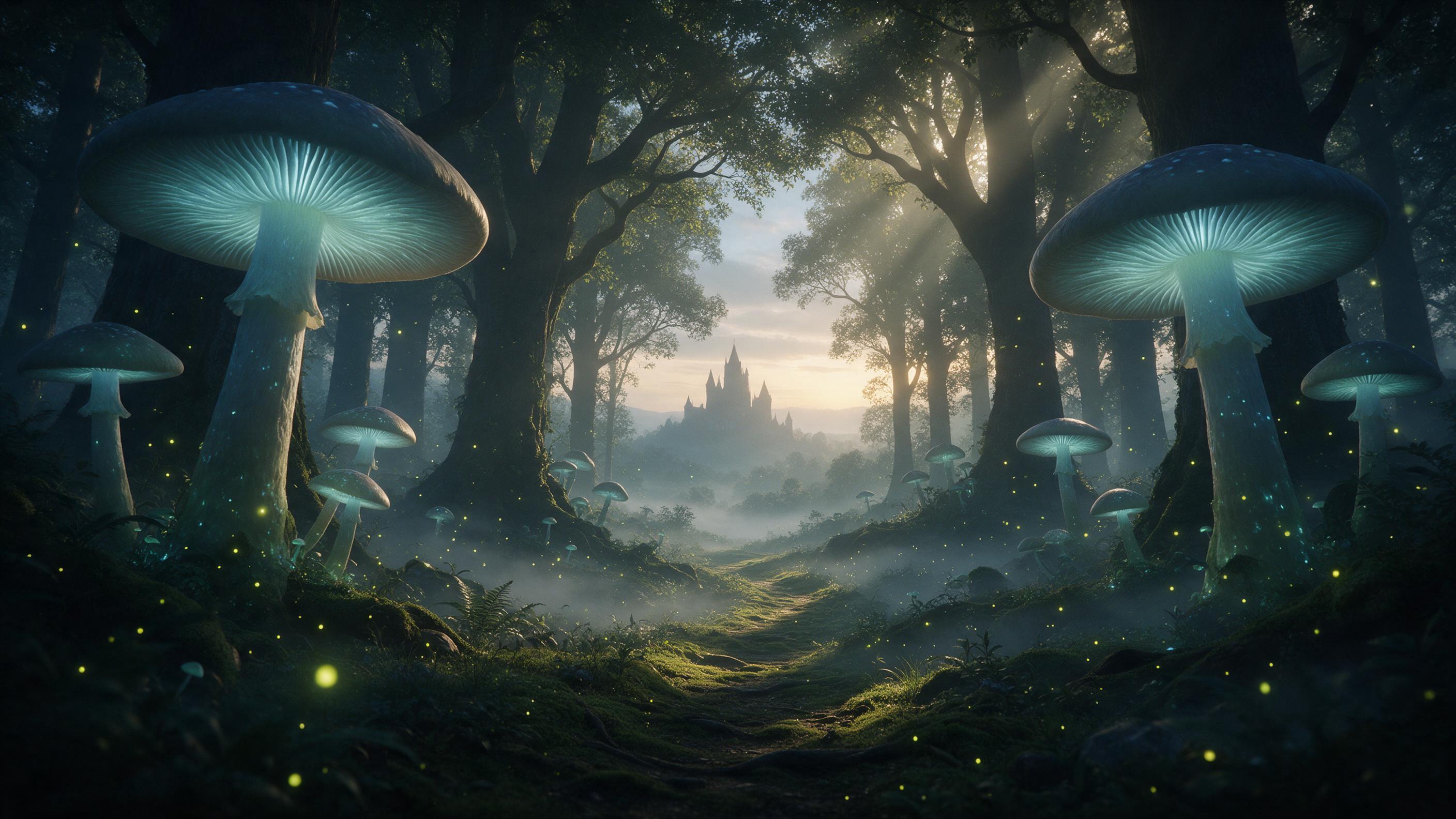 A misty ancient forest at dawn, colossal luminescent mushrooms casting soft blue-green light, winding mossy path leading to a distant castle silhouette, fireflies drifting as glowing specks, low fog hugging the ground, gentle golden sunbeams piercing through dense canopy, serene and mystical atmosph