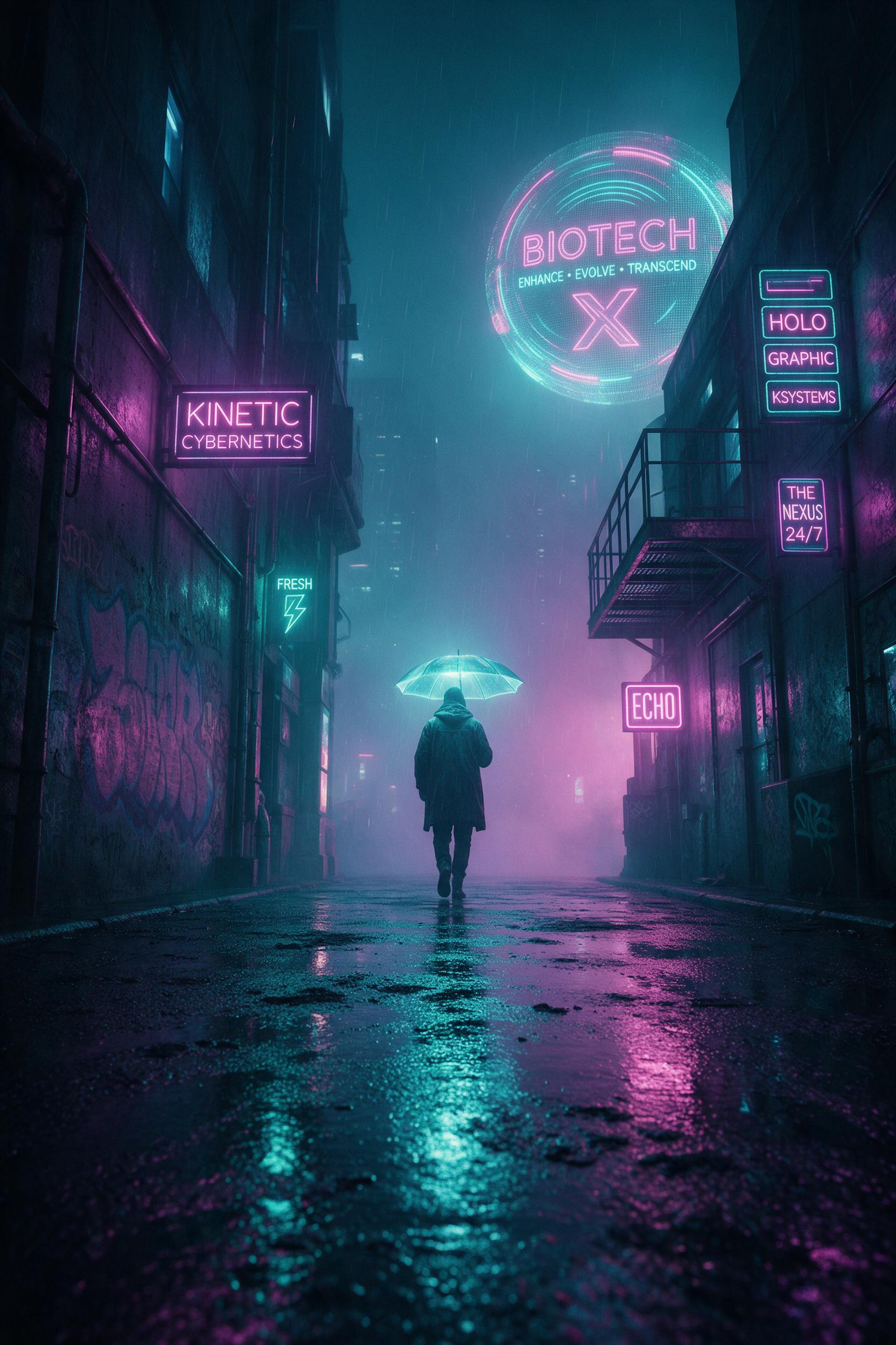 Foggy neon-lit alley in a rain-soaked cyberpunk city, holographic advertisements reflecting on wet pavement, a lone figure with a glowing umbrella walking away, cinematic low-angle shot, teal and magenta color palette, subtle motion blur, atmospheric haze