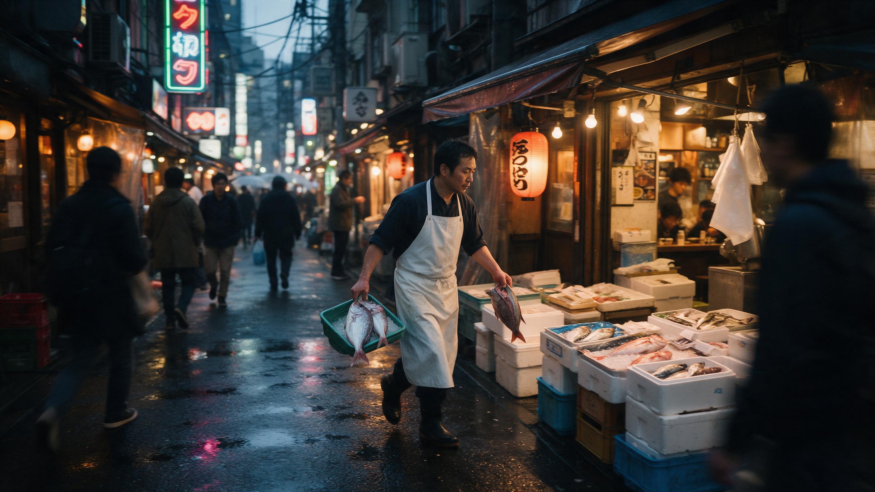Candid shot of a narrow Tokyo alley at dusk, rain-soaked asphalt reflecting neon signs, a lone chef in white apron carrying fish from a market stall, warm light spilling from izakaya doorways, hazy atmospheric perspective, slight motion blur on passersby, naturalistic color grading, shallow depth of