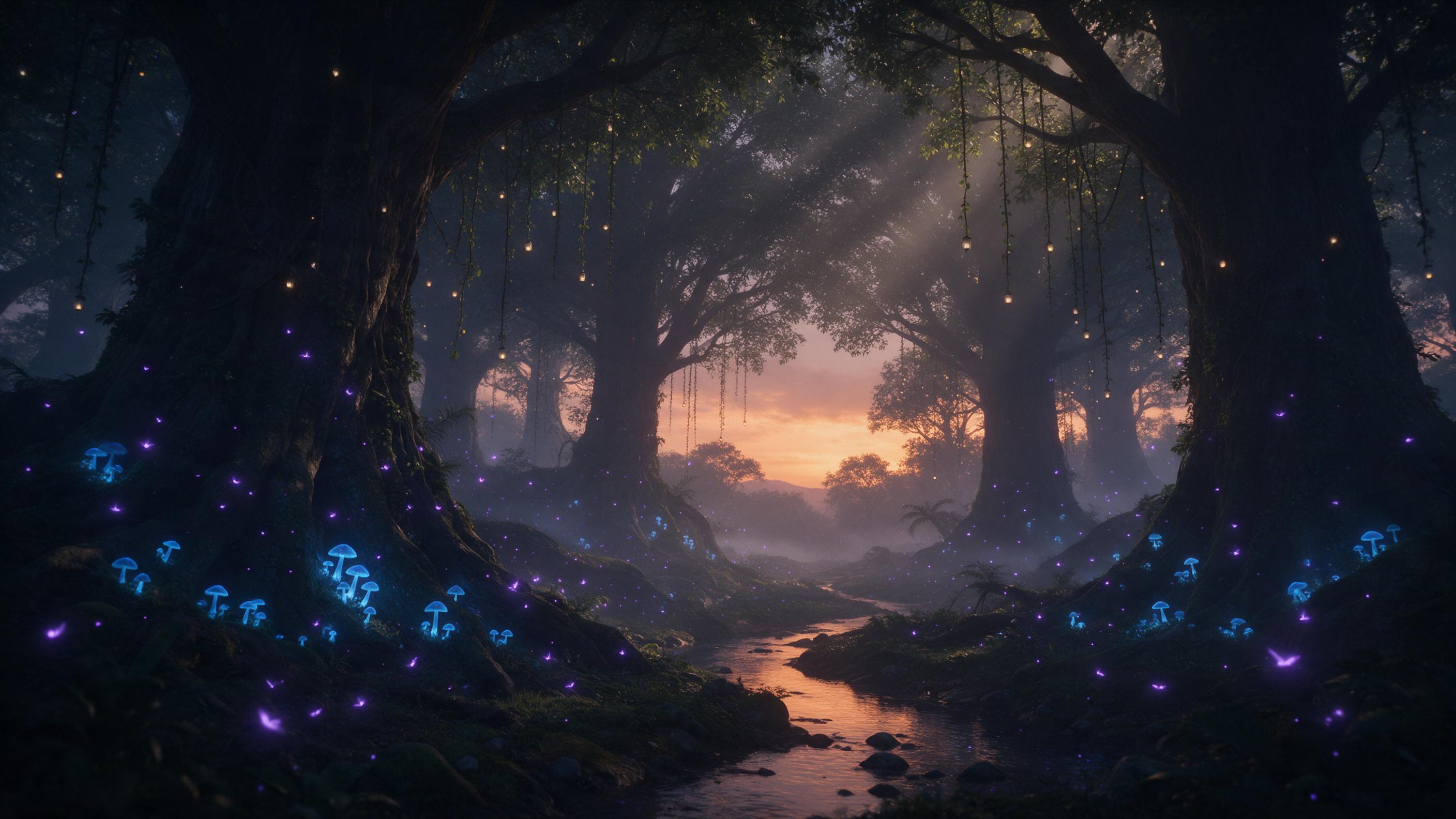 A magical forest at dusk, ancient giant trees with bioluminescent blue mushrooms at their roots, glowing purple fireflies darting through the mist, a winding stream reflecting the fading orange sky, delicate vines hanging with small glowing lanterns, soft volumetric light filtering through the canop