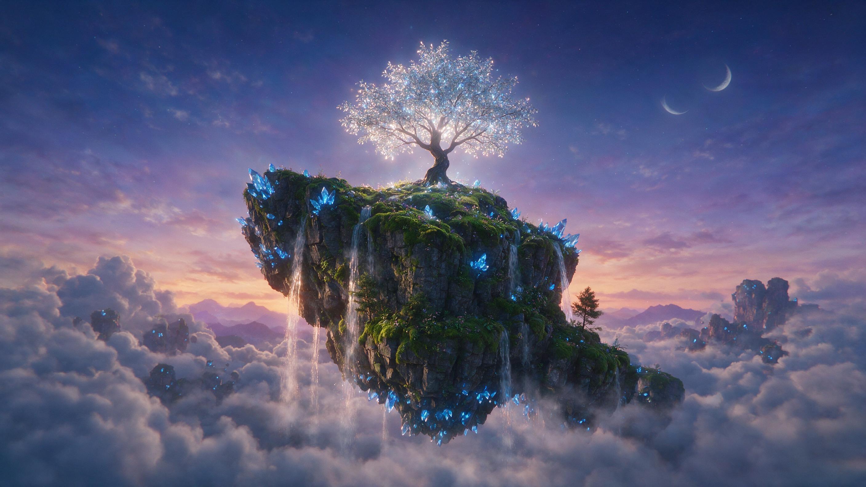 A luminous floating island at dusk, glowing blue crystals embedded in the rocks, small waterfalls cascading into misty clouds, a lone glowing tree with silver leaves, soft twilight sky, ethereal atmosphere, slight lens flare, dreamlike composition.