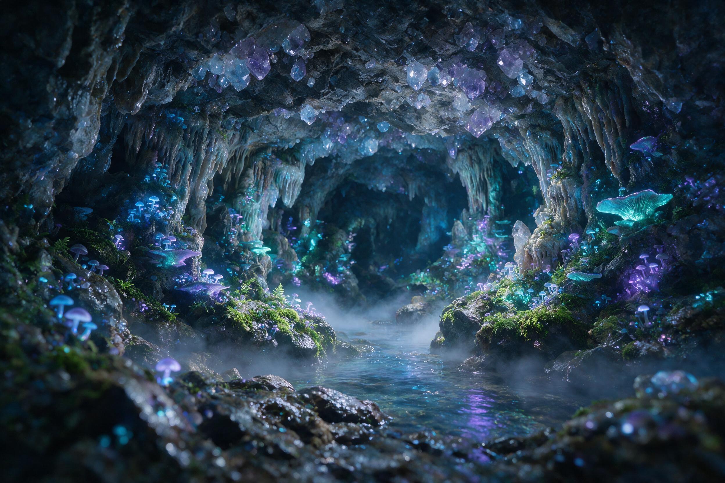 A luminous crystal cave deep underground, glowing bioluminescent fungi on jagged rocks, a small stream reflecting soft blue and purple light, mist floating above the water, shallow depth of field with foreground rocks slightly blurred, natural cave textures with wet stone surfaces, no harsh shadows,