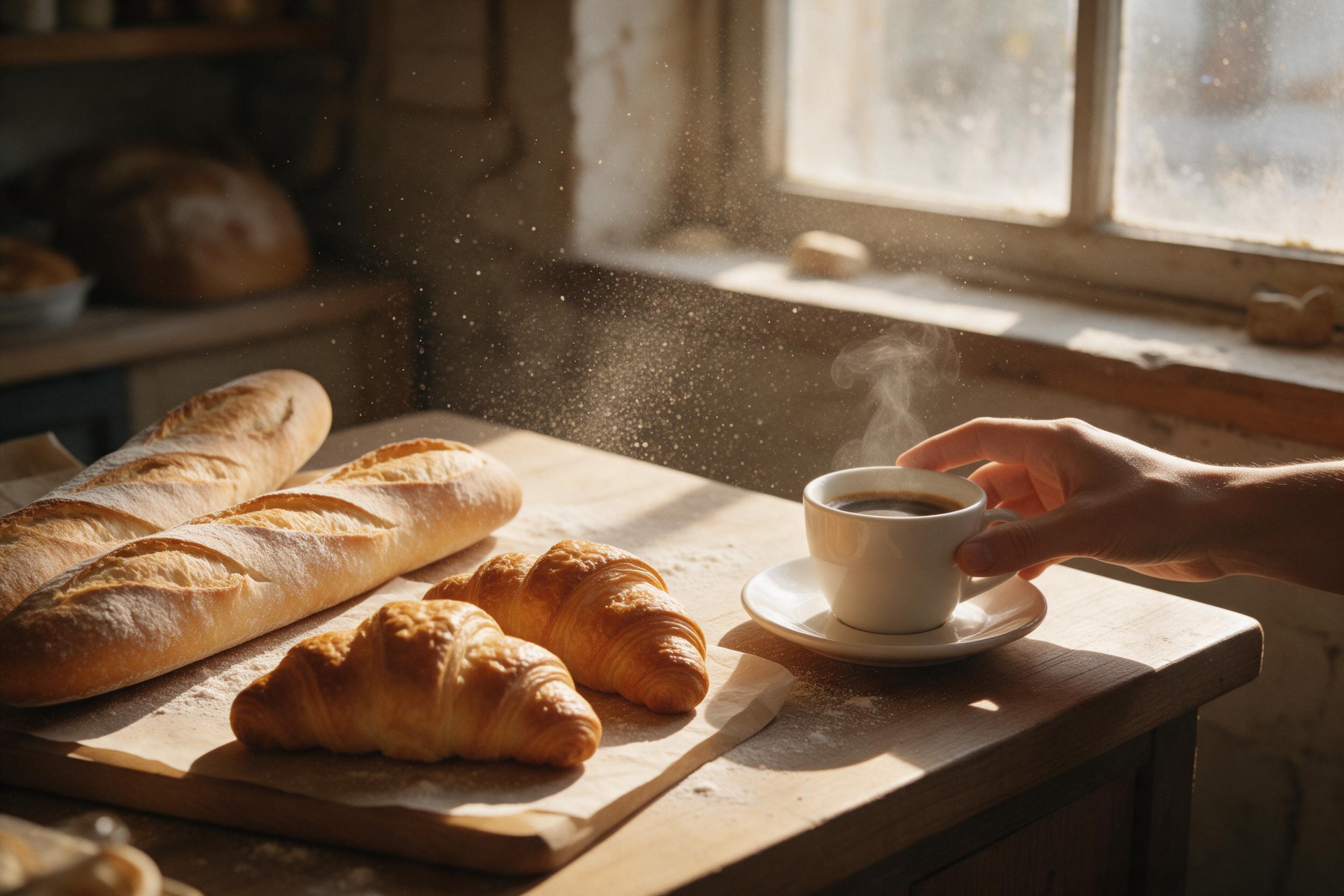 A quiet morning at a rustic bakery, warm sunlight streaming through a dusty window, flour dust particles floating in the golden light, fresh baguettes and croissants on a wooden counter, a hand reaching for a cup of coffee, shallow depth of field, gentle natural lighting, soft shadows, film grain
