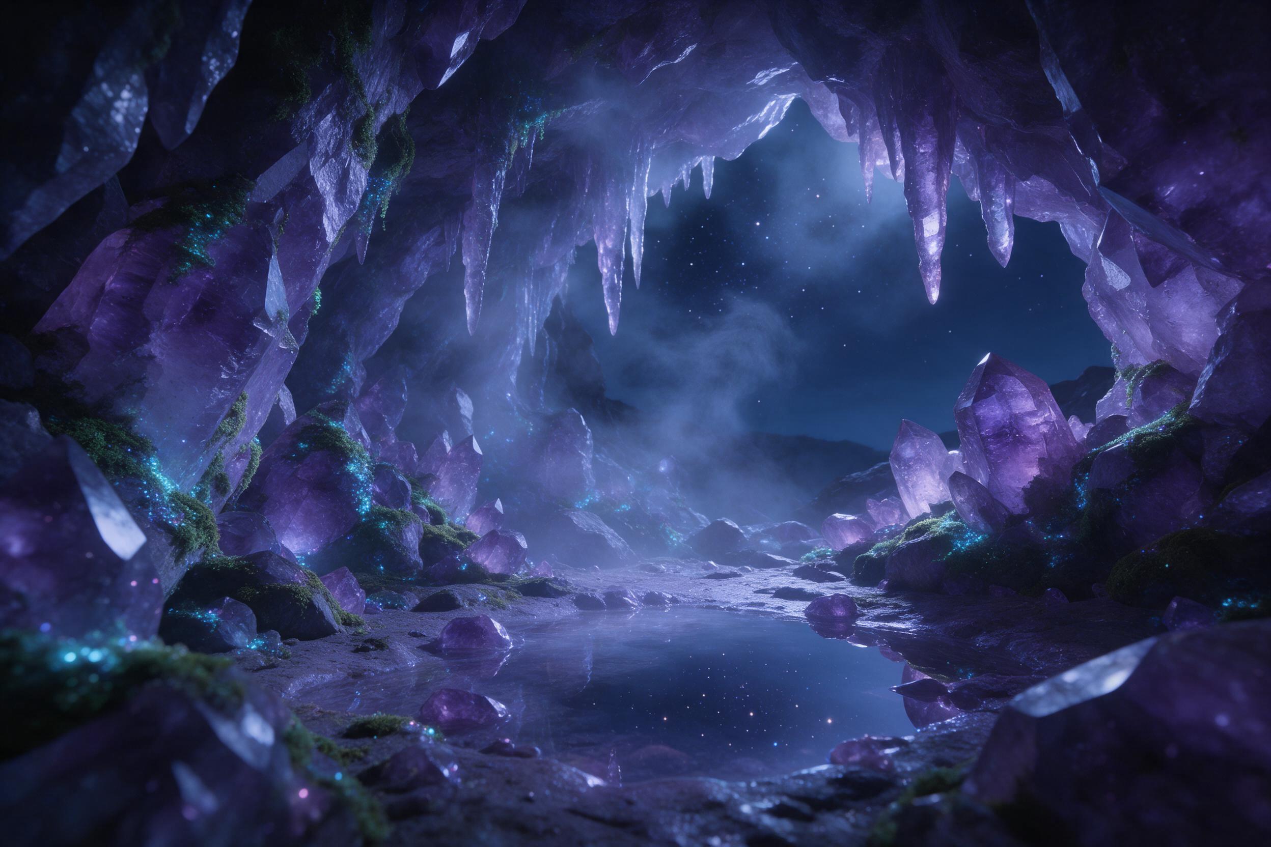 A moonlit crystal cavern, bioluminescent moss clinging to jagged amethyst walls, a shallow pool reflecting constellations, soft mist curling around stalactites, ethereal blue and violet glow, wide-angle composition, texture of rough gemstone surfaces, cinematic lighting with gentle shadows.
