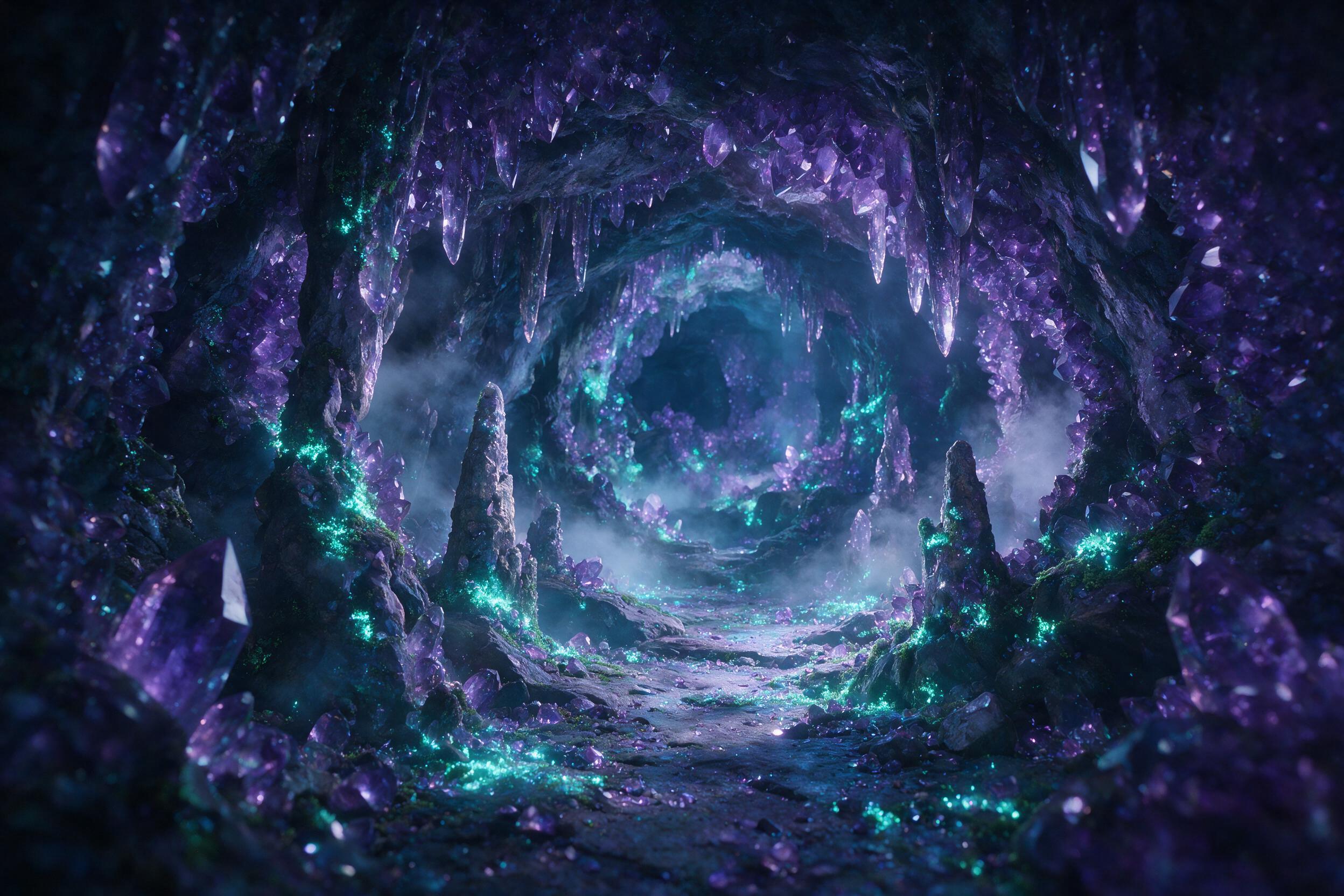 A luminous crystal cave deep underground, bioluminescent moss clinging to jagged amethyst walls, a faint mist weaving through the air, soft blue and violet light casting long shadows, ethereal atmosphere, slight camera blur at edges.