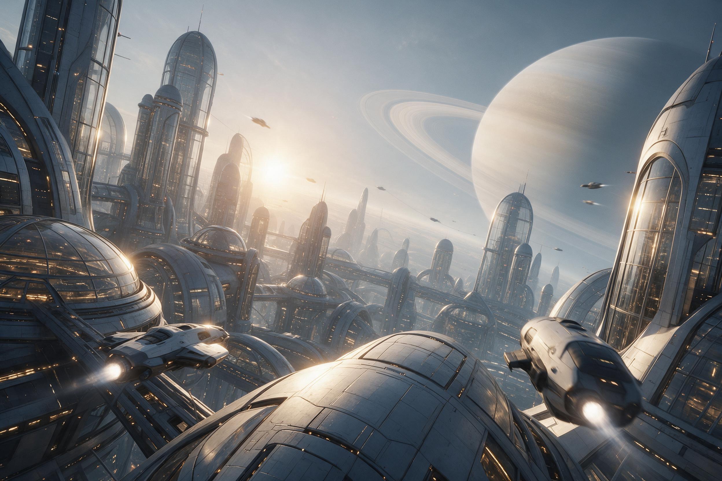 A vast orbital city floating above a ringed planet, sunrise casting golden light across curved glass towers, small ships darting between structures, soft haze in the upper atmosphere, camera looking upward from a lower level, subtle motion blur on background ships, clean and detailed.