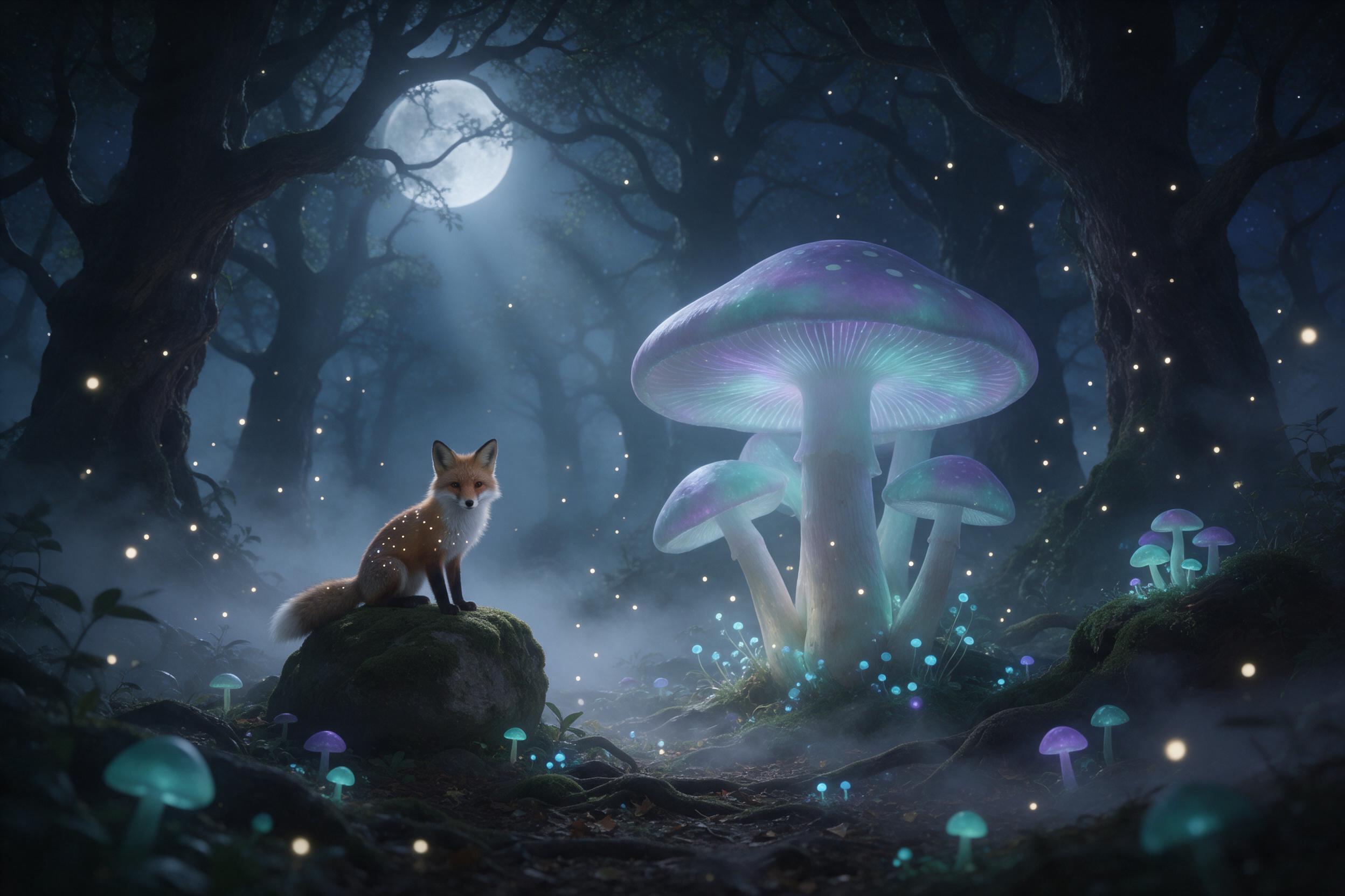A moonlit enchanted forest clearing, giant glowing mushrooms in soft teal and violet, mist curling between ancient gnarled roots, a small fox with star-dusted fur watching from a mossy stone, fireflies drifting like embers, gentle volumetric light through canopy, dreamy ethereal atmosphere, slight s