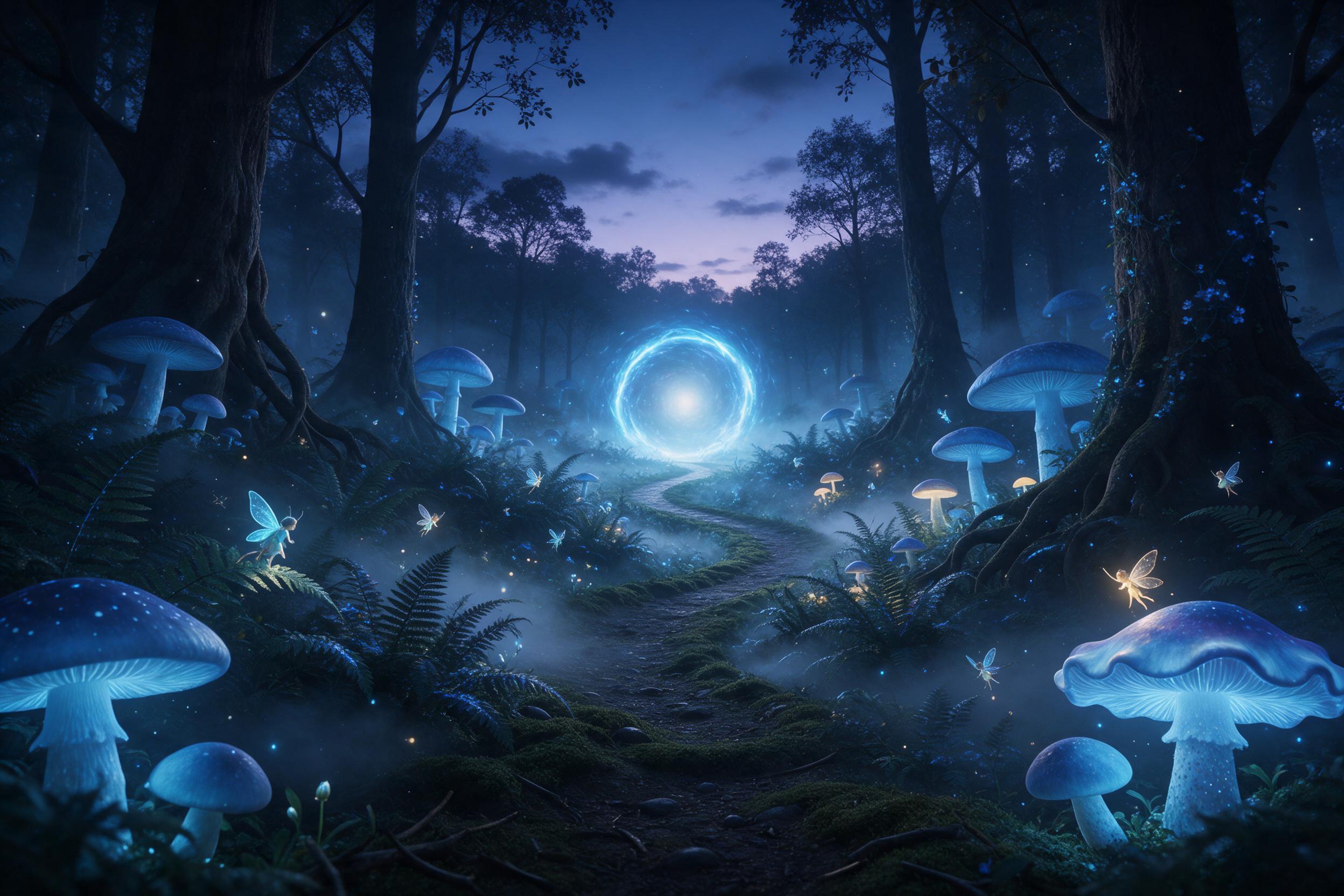A bioluminescent forest at twilight, giant glowing mushrooms casting soft blue light on a winding mossy path, tiny winged fairies flitting between ferns, silhouetted ancient trees, mist hugging the ground, cinematic composition with a central path leading to a distant glowing portal