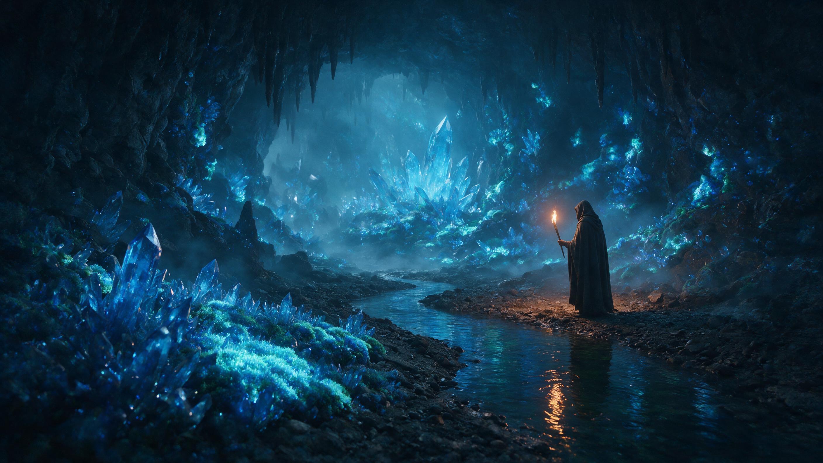 A glowing crystal cave deep underground, bioluminescent moss covers the walls, a small stream reflects the blue light, soft mist hovers, a lone figure in a hooded cloak stands at the water's edge, dim torchlight, ethereal atmosphere, cinematic composition