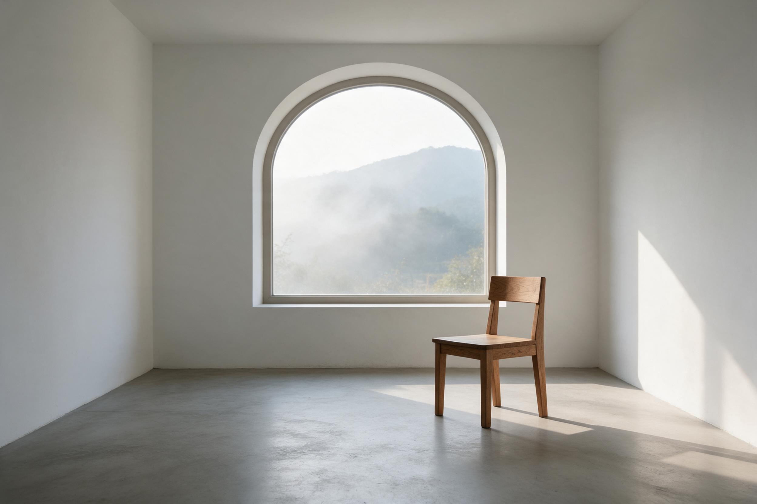 A serene minimalist interior bathed in soft morning light, with a large arched window framing distant misty mountains, white walls, polished concrete floor, a single wooden chair, gentle shadows, natural texture, composition balanced and quiet.