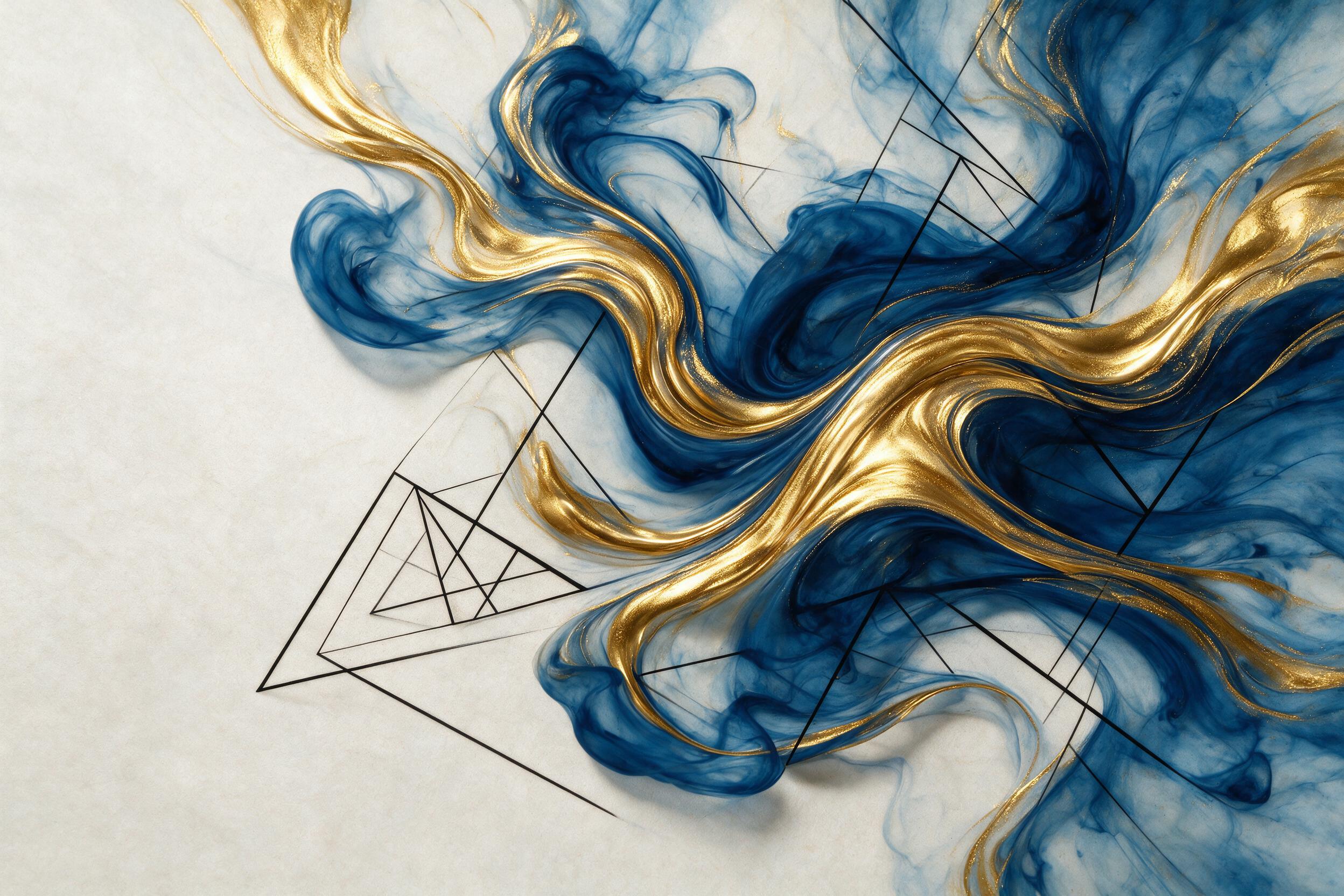 Molten gold and deep blue ink swirl together in a fluid dance, with sharp geometric lines cutting through the organic shapes. Soft, diffused light from above casts subtle shadows on the surface, creating a sense of depth and movement. The composition is minimal, with negative space on the left side 