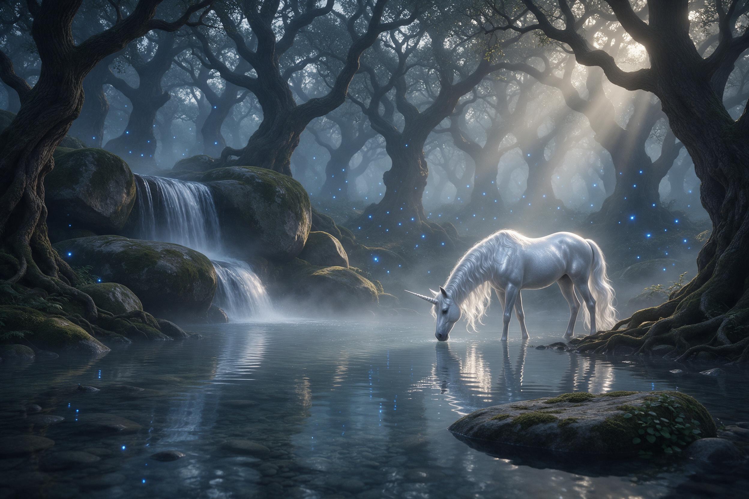 A misty forest clearing at twilight, a gentle waterfall cascading over moss-covered stones, glowing blue fireflies drifting between ancient twisted oaks, an ethereal silver unicorn drinking from the crystal pool, soft volumetric light rays piercing through the canopy, subtle fog clinging to the grou