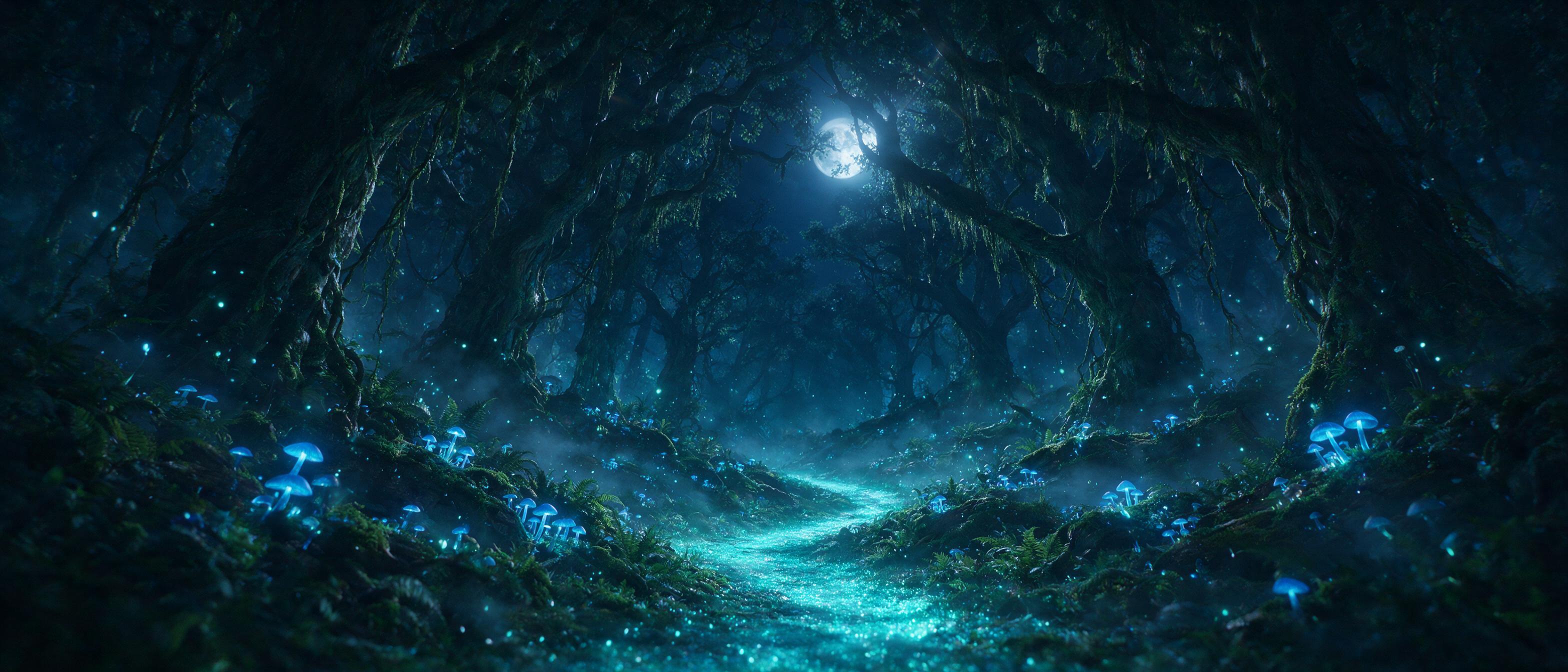 A moonlit bioluminescent forest, towering ancient trees with glowing blue mushrooms and floating spores, a winding path of soft cyan light, misty air, fireflies in the distance, ethereal and serene, cinematic composition with a low camera angle, cool color palette, subtle lens flare