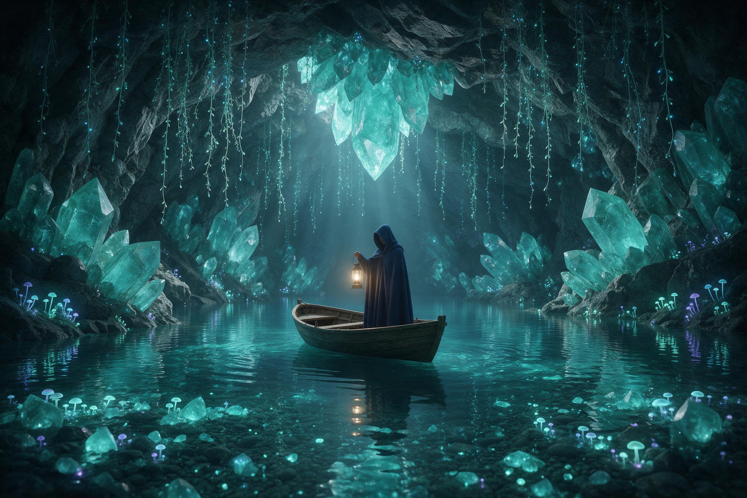 A secluded luminescent crystal cavern deep underground, with a subterranean lake reflecting the turquoise glow. Delicate bioluminescent fungi and slender glowing vines cascade from the rocky ceiling. Composition: a tiny wooden rowboat with a cloaked lantern-bearer at center. Soft ethereal light rays