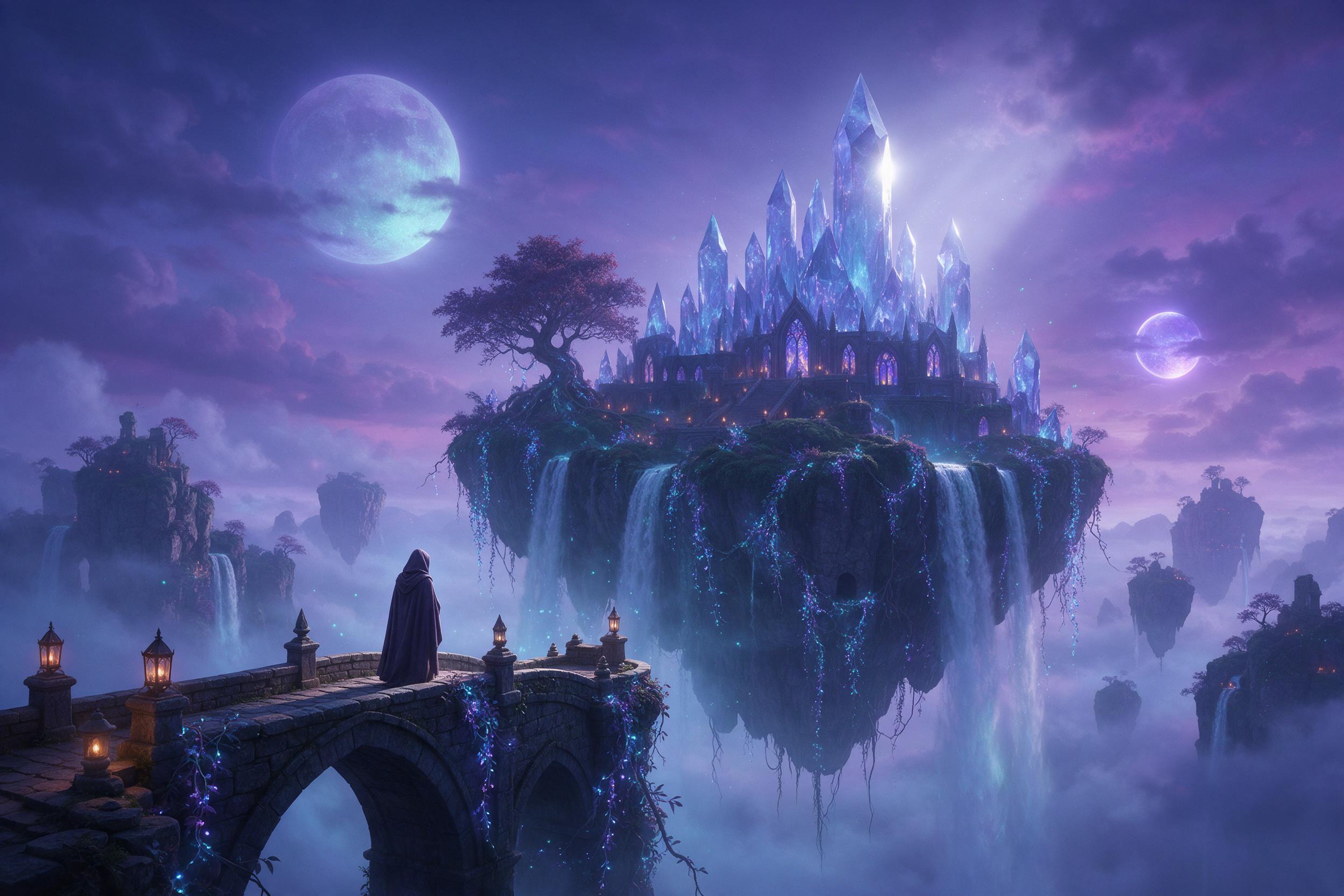 An ancient floating island with a crystalline palace, wrapped in swirling mist, bioluminescent vines cascade over waterfalls, glowing blue and purple, two moons in a violet twilight sky, a lone hooded figure on a stone bridge, warm lantern light against cool ambiance, dramatic rim lighting, fantasti
