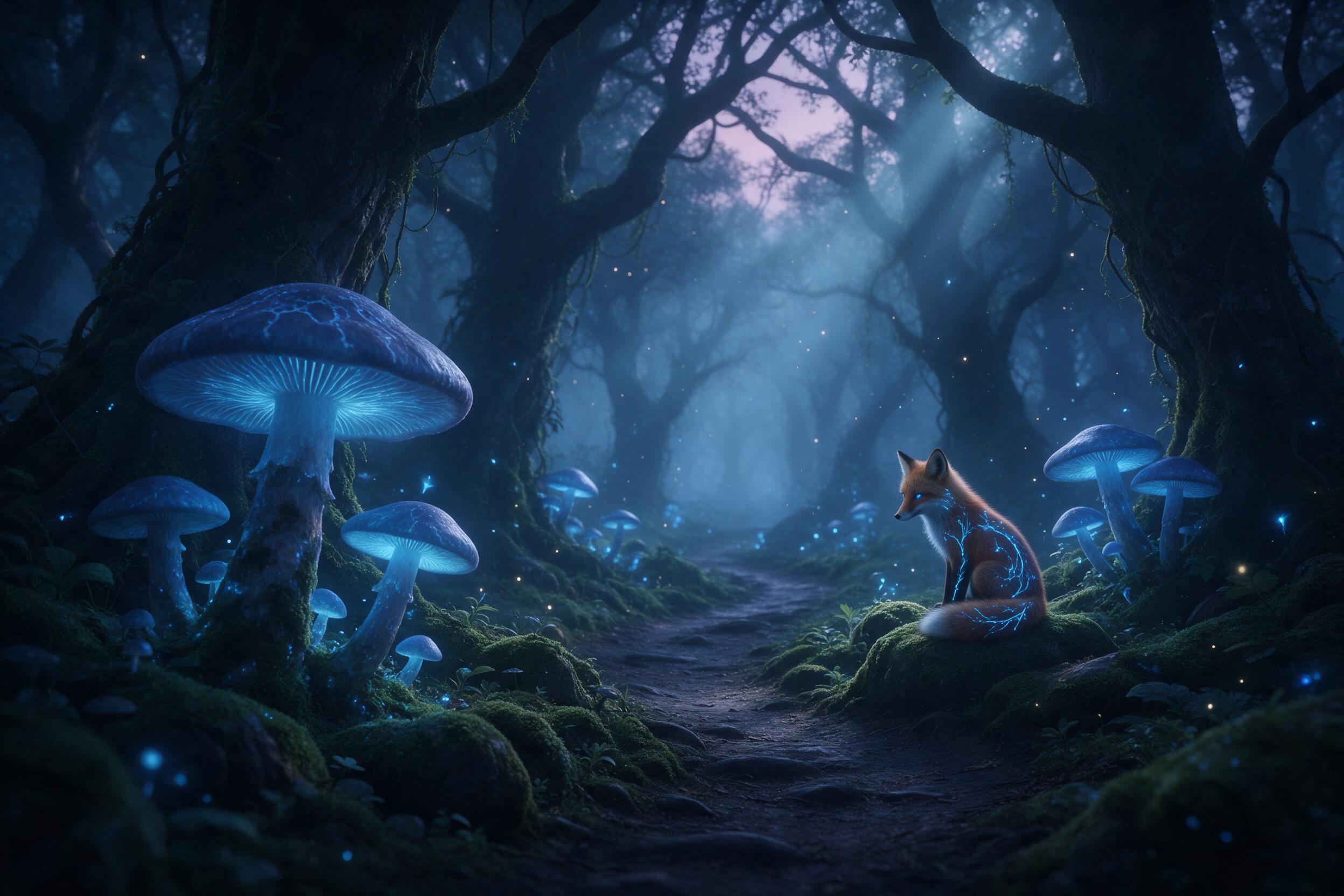 A misty ancient forest at twilight, giant glowing blue mushrooms along a winding mossy path, a small fox with bioluminescent markings sitting on a mossy rock, soft volumetric light rays filtering through tall gnarled trees, floating particles of light, shallow depth of field, ethereal atmosphere, pa