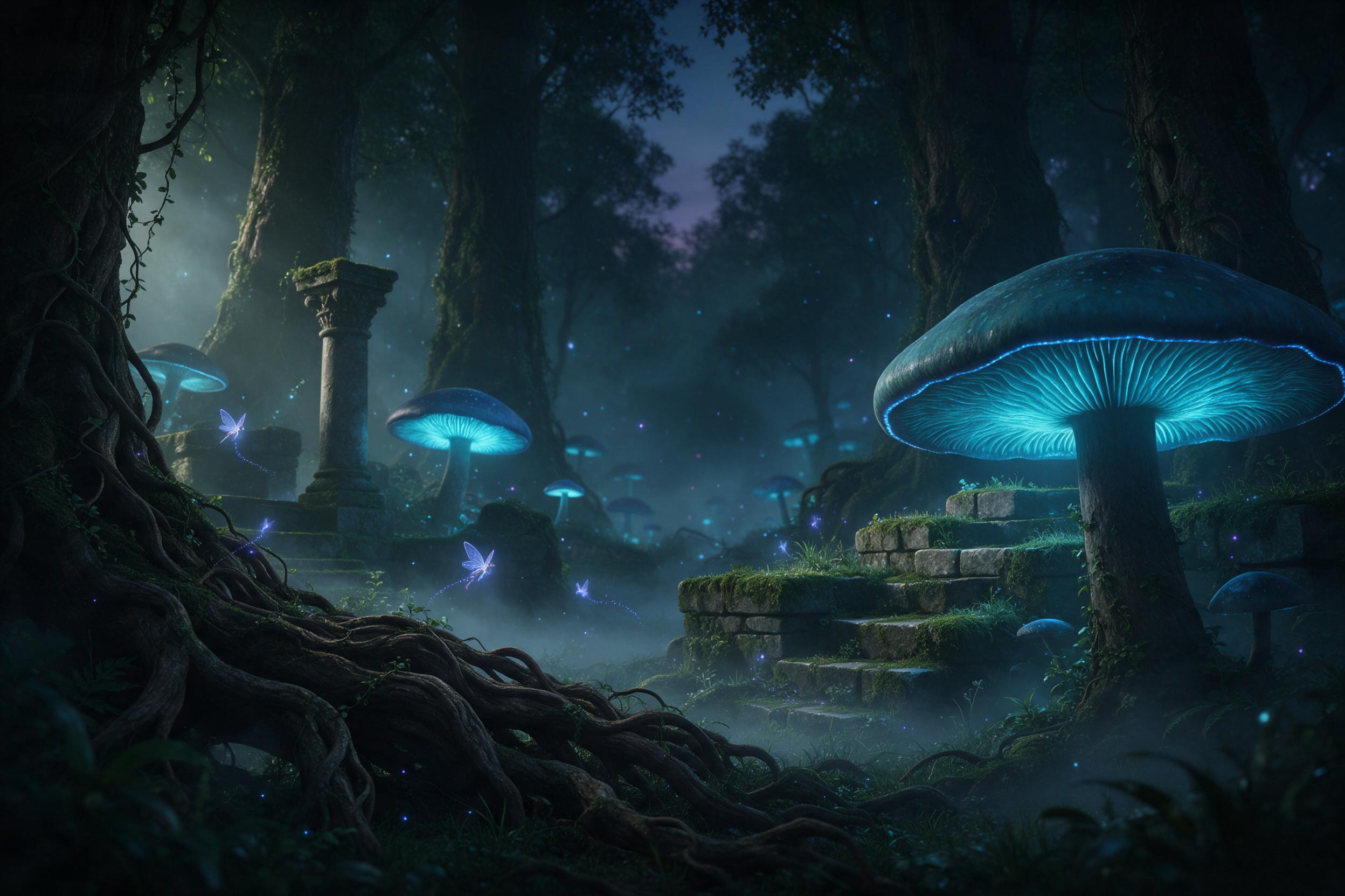 Misty ancient forest at dusk, colossal bioluminescent mushrooms casting eerie blue light onto moss-covered stone ruins, tiny glowing fairies flitting between twisted roots, fog rolling low through the scene, soft cinematic rim lighting from the side, deep green and teal palette, subtle purple highli