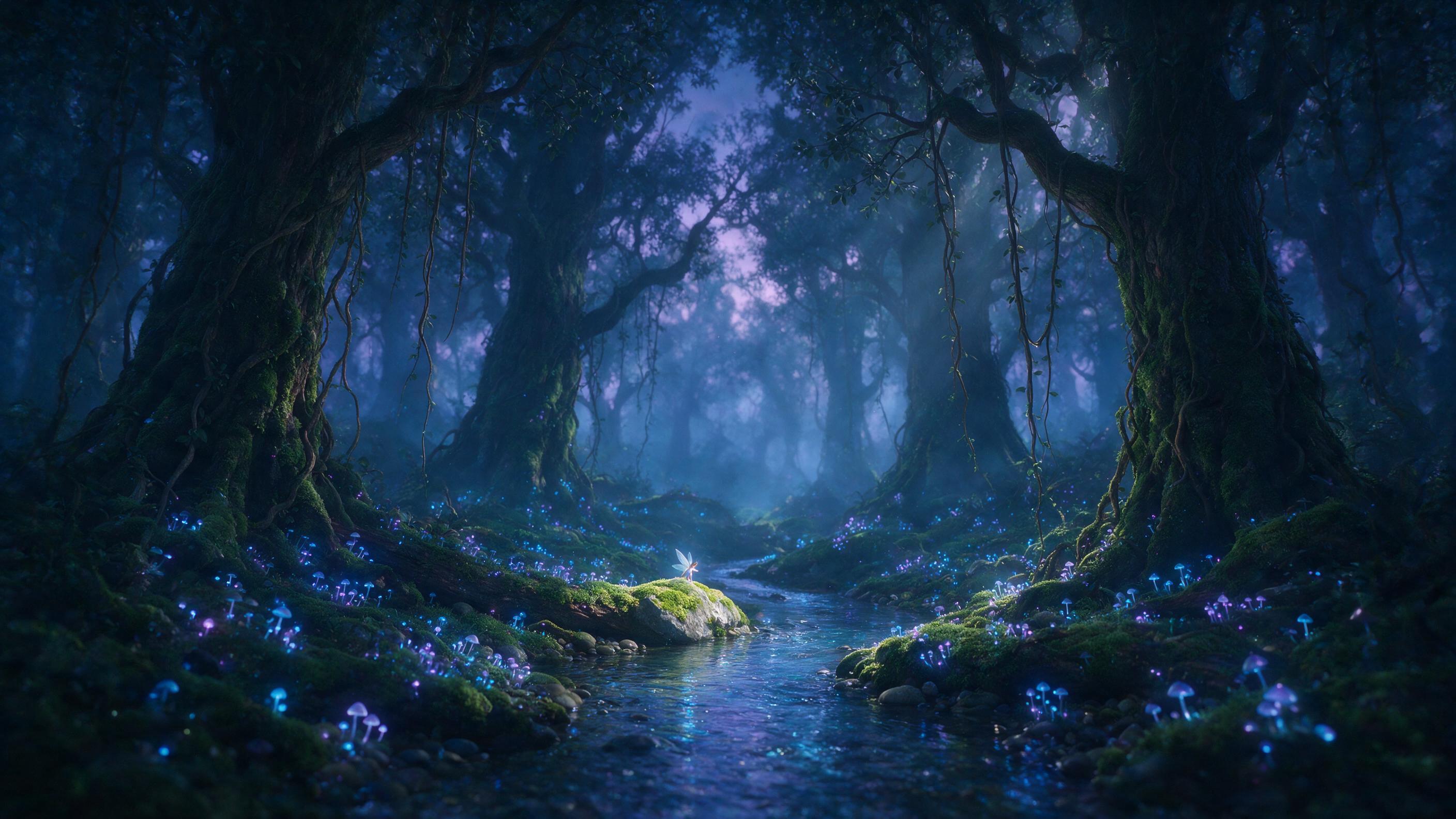 A misty forest at twilight, bioluminescent mushrooms glow in blue and purple along a mossy stream, ancient gnarled trees with hanging vines, a small glowing fairy with translucent wings perched on a stone, soft volumetric light rays filtering through canopy, dreamy atmosphere, shallow depth of field