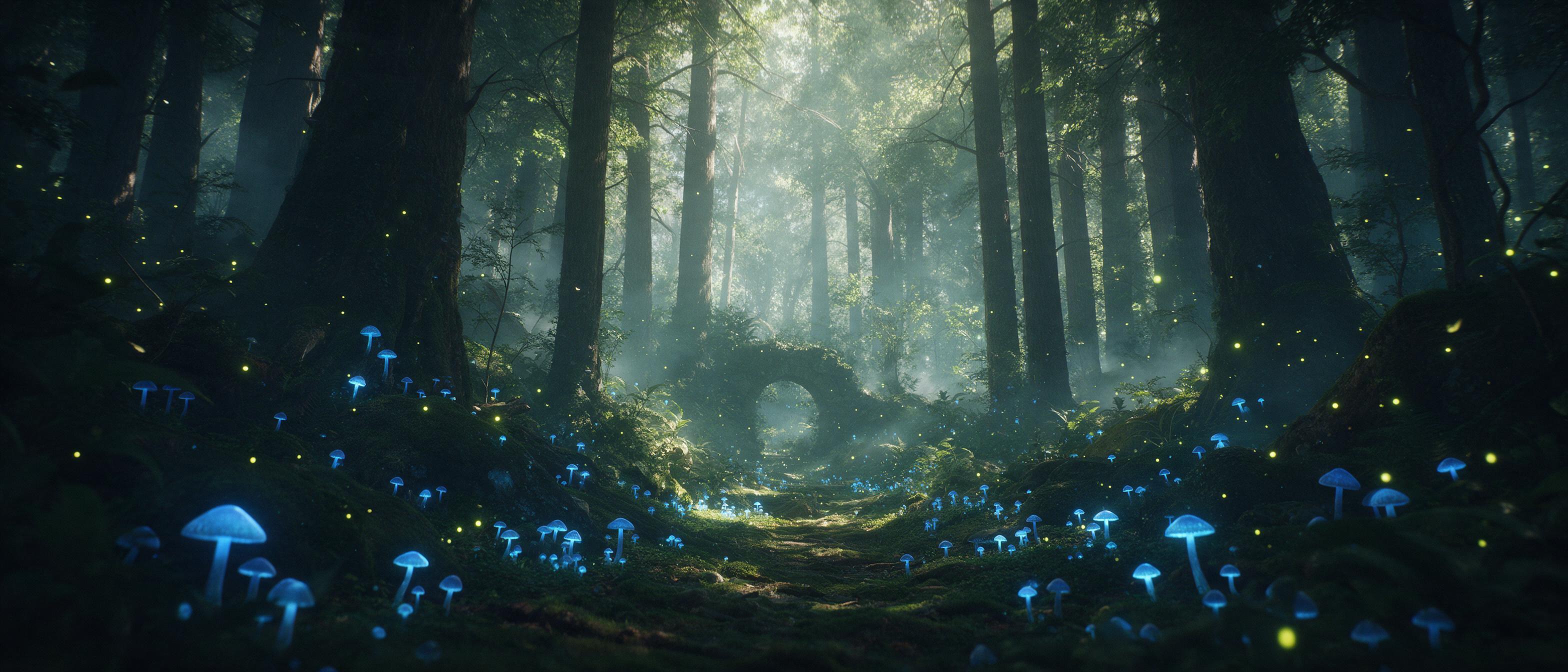 An ancient forest where glowing blue mushrooms line a moss-covered path, a gentle mist swirls between towering trees, dappled sunlight filters through the canopy, fireflies drift in the air, a stone archway half-hidden in the undergrowth, soft ethereal glow, dreamy atmosphere, cinematic composition